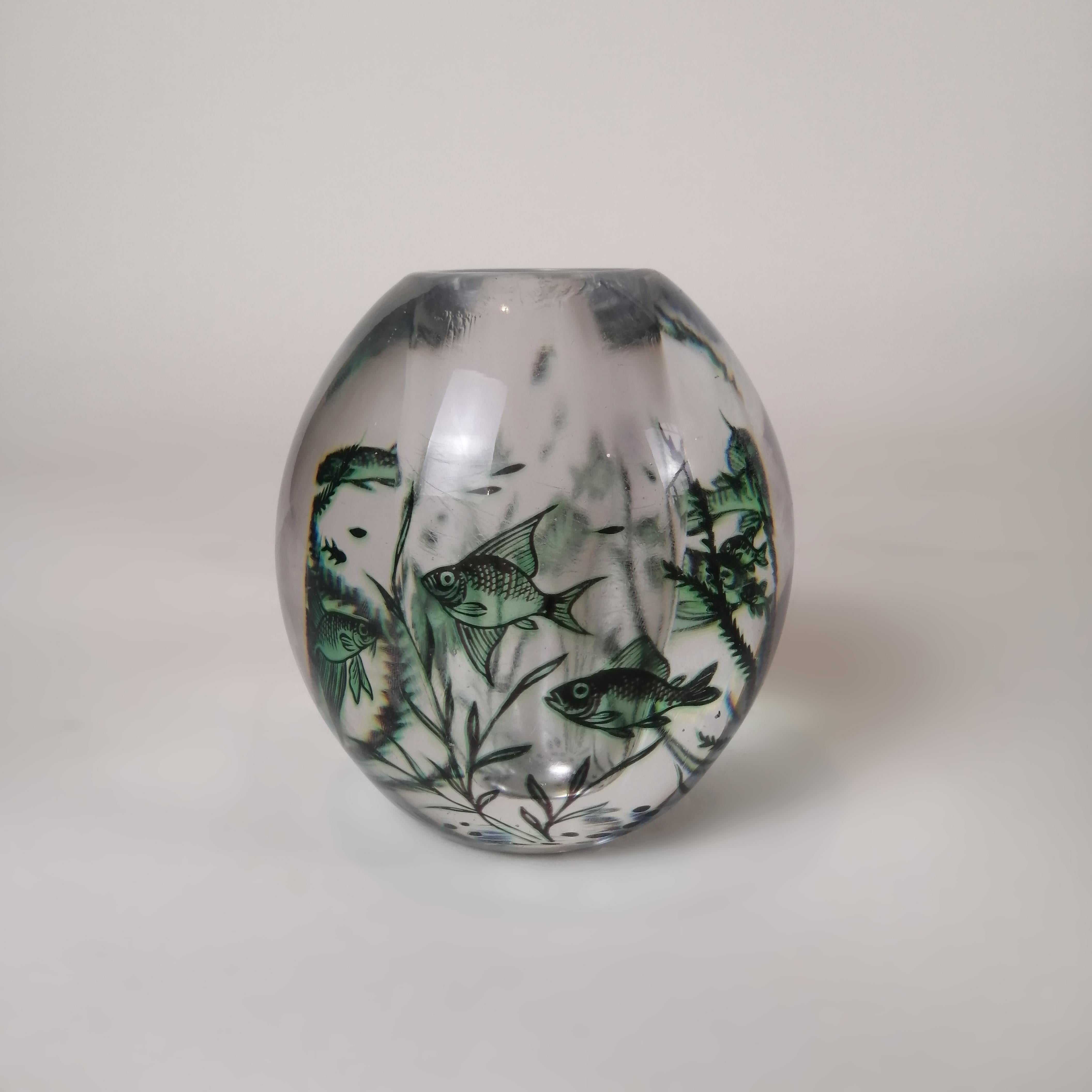 Mid-Century Modern Edward Hald for Orrefors 1948 Fish Graal Flower Vase For Sale