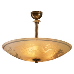 Lampadario di Edward Hald per Orrefors in ottone e vetro
