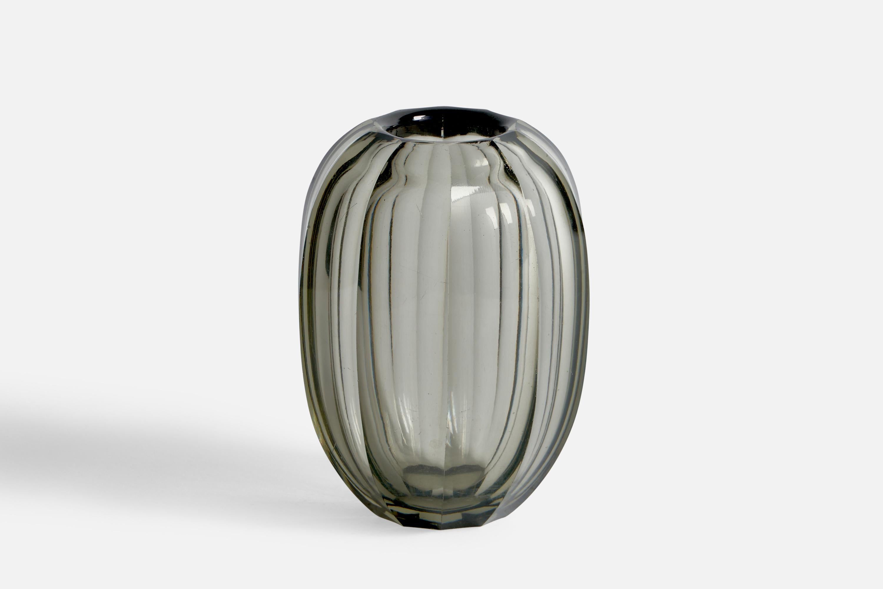 A smoked and fluted blown glass vase designed by Edward Hald and produced by Orrefors, Sweden, 1930s.