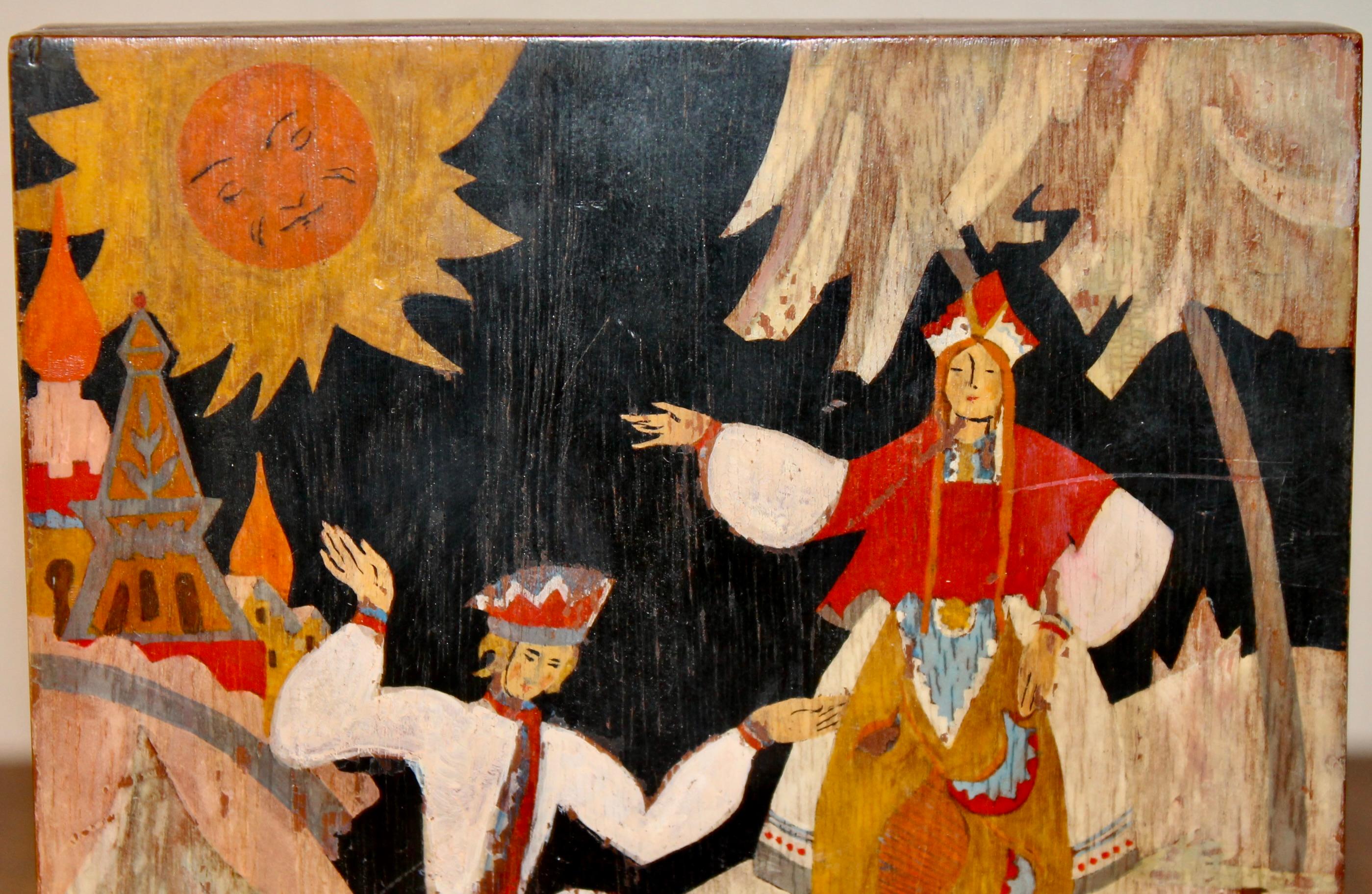 Hand-Painted Edward Halouze Russian Folk Pochoir Bookends For Sale