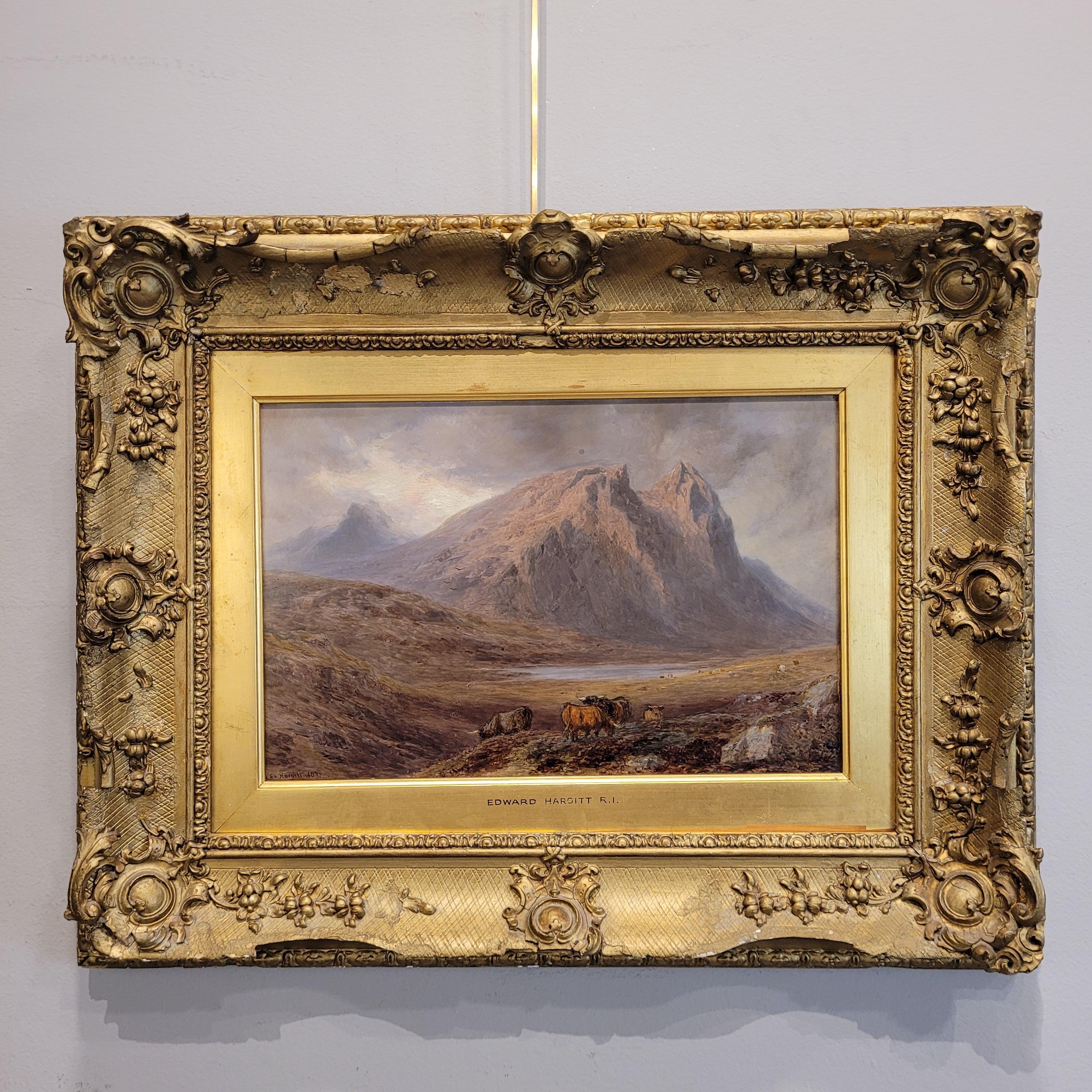Unique en son genre  Huile sur panneau du peintre Edward Hargitt, datée de 1877 et intitulée 