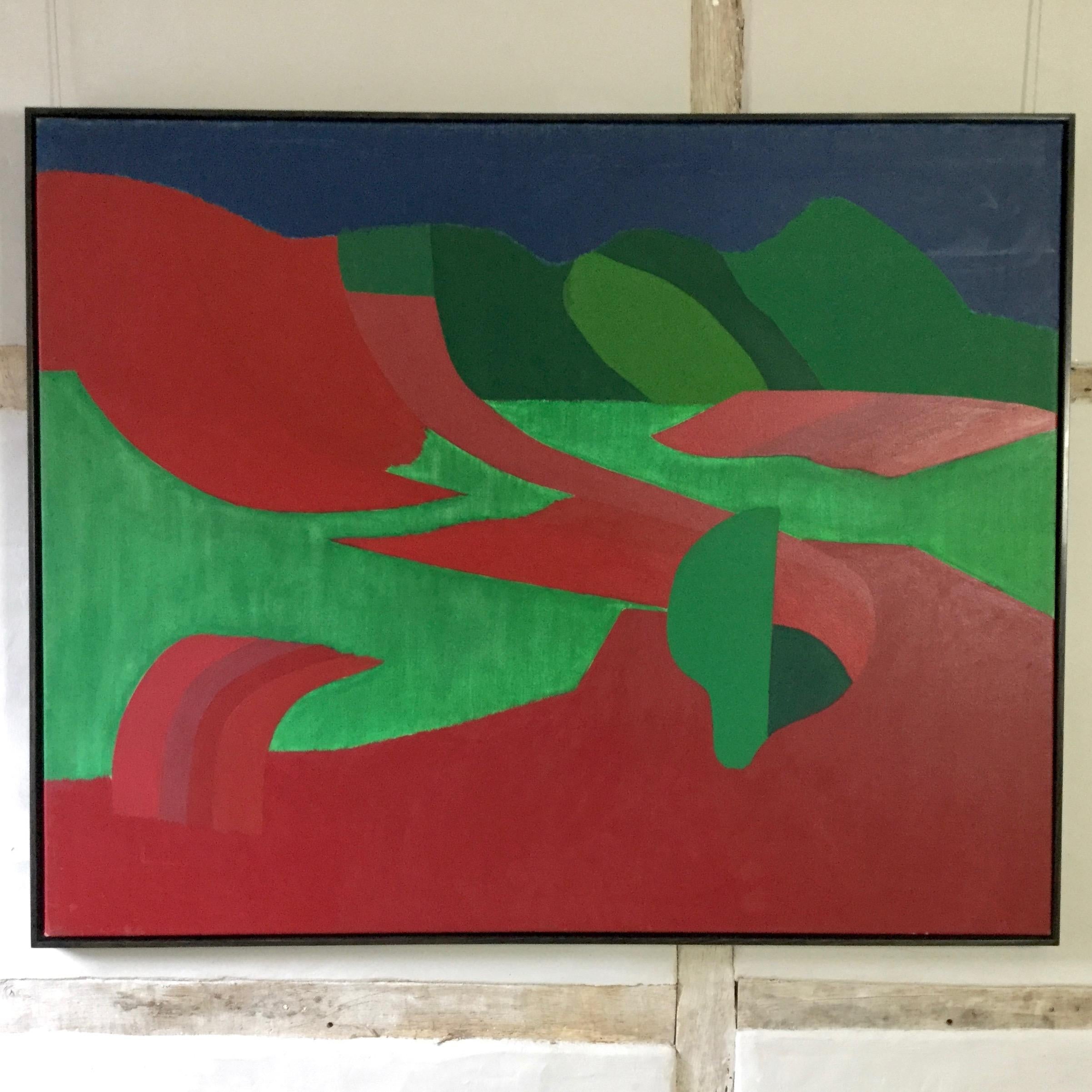 Quadro paesaggistico di grandi dimensioni degli anni '60, tela astratta rossa e verde, luminosa e audace - Painting Astratto di Edward Heath