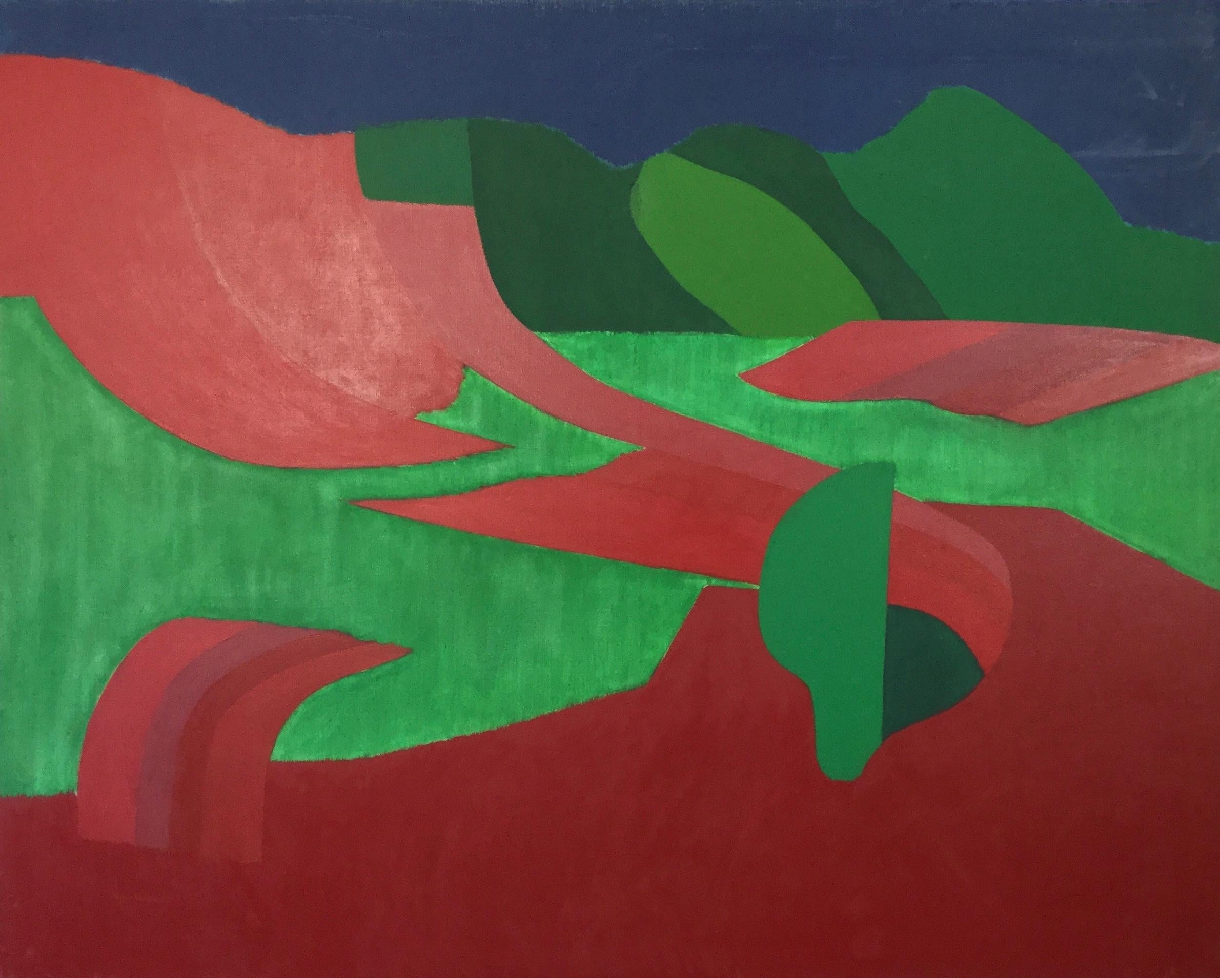 Quadro paesaggistico di grandi dimensioni degli anni '60, tela astratta rossa e verde, luminosa e audace - Painting di Edward Heath