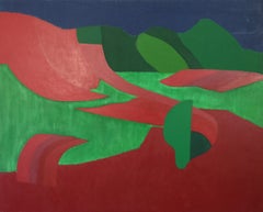 1960s Large Landscape Painting, Red and Green Abstract Canvas, Bright and Bold