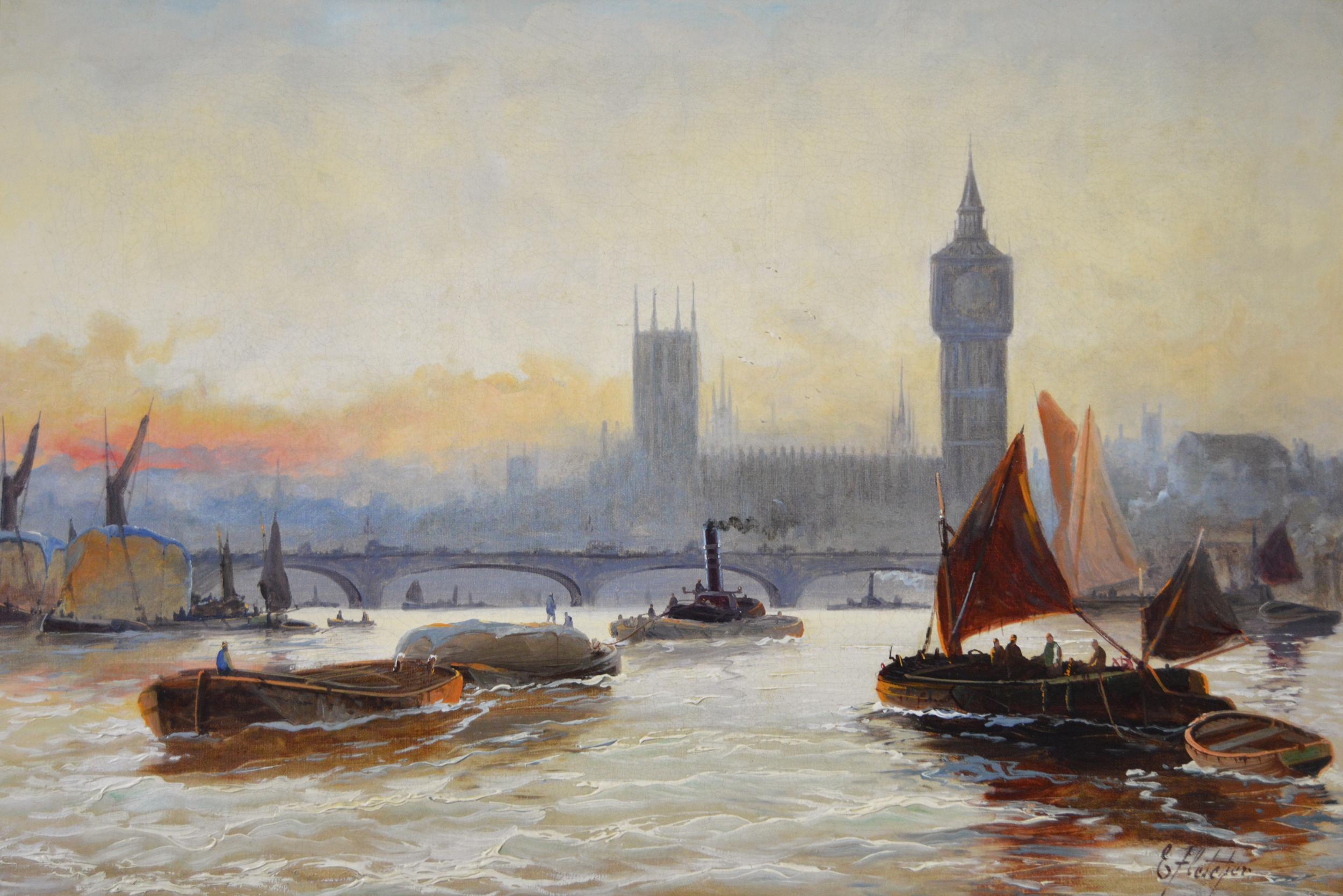 Pair of riverscape oil paintings of shipping on the Thames - Painting by Edward Henry Eugene Fletcher