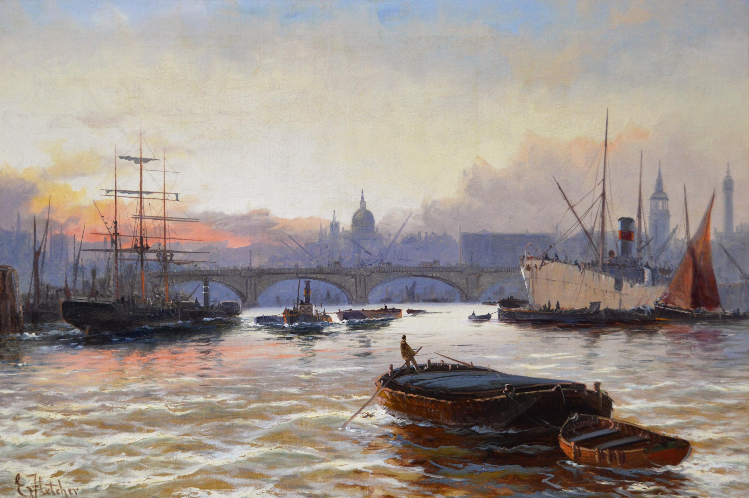Pair of riverscape oil paintings of shipping on the Thames - Brown Landscape Painting by Edward Henry Eugene Fletcher