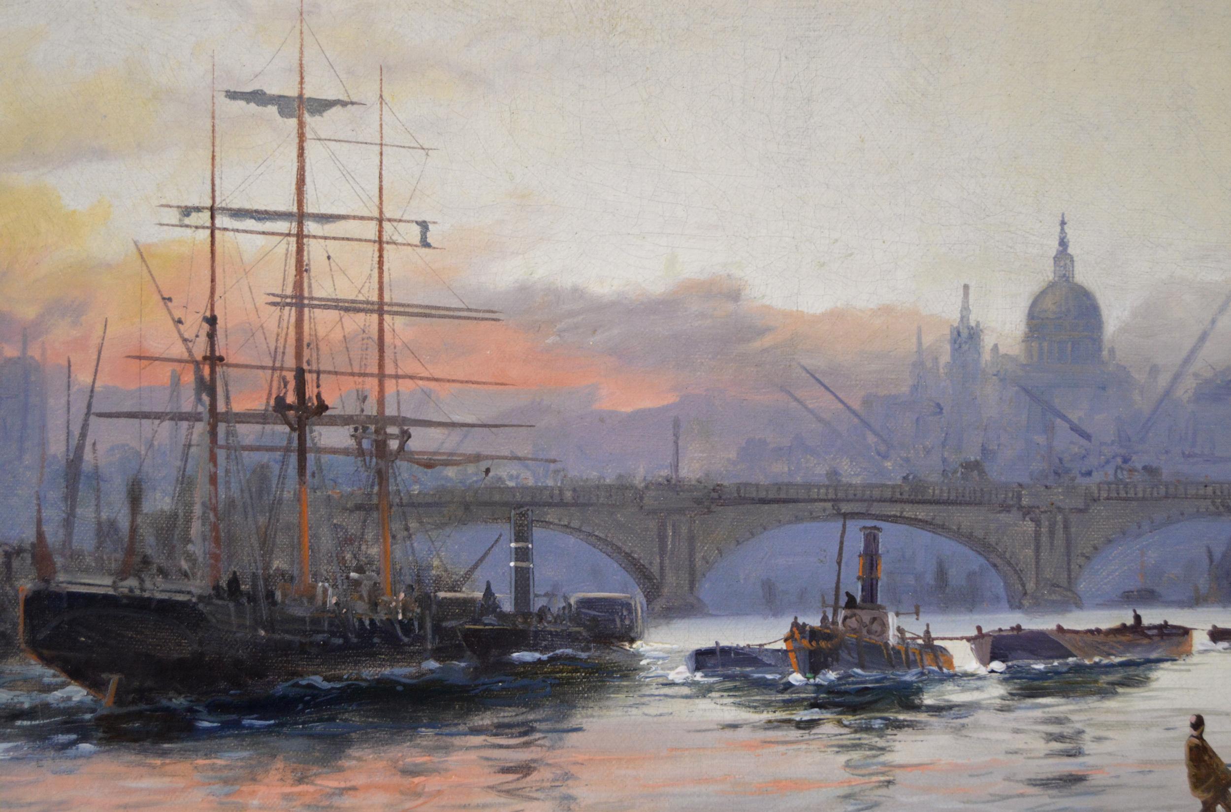 **PLEASE NOTE: EACH PAINTING INCLUDING THE FRAME MEASURES 23.5 INCHES X 31.5 INCHES**

Edward Henry Eugene Fletcher
British, (1857-1945)
Shipping on the Thames before Westminster & Shipping in the Pool of London with London Bridge & St Paul’s