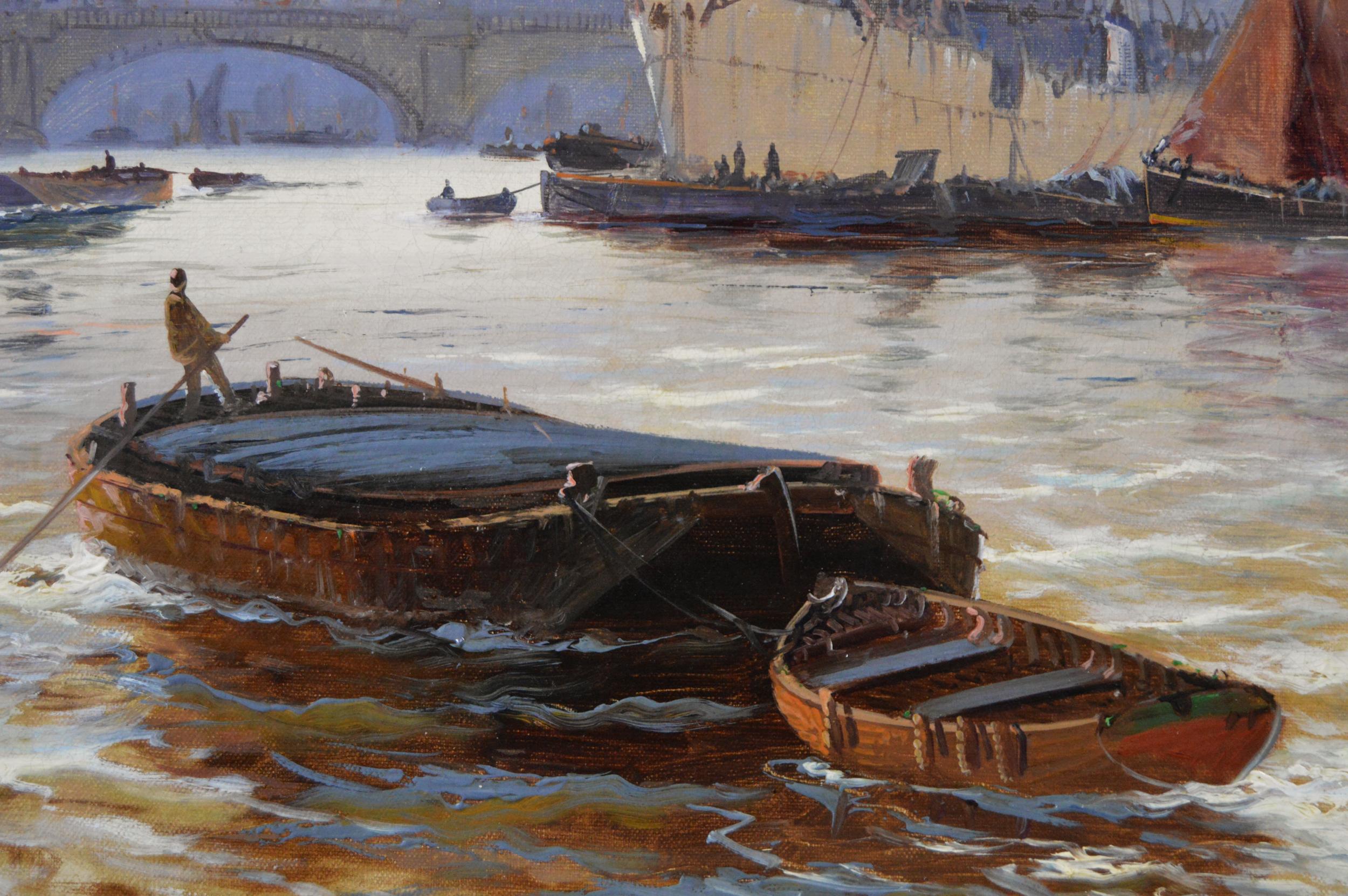 Pair of riverscape oil paintings of shipping on the Thames 1