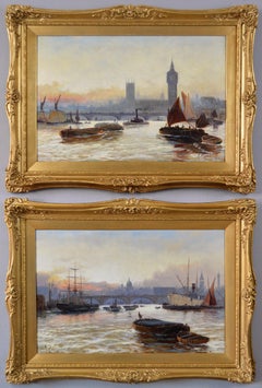 Pair of riverscape oil paintings of shipping on the Thames