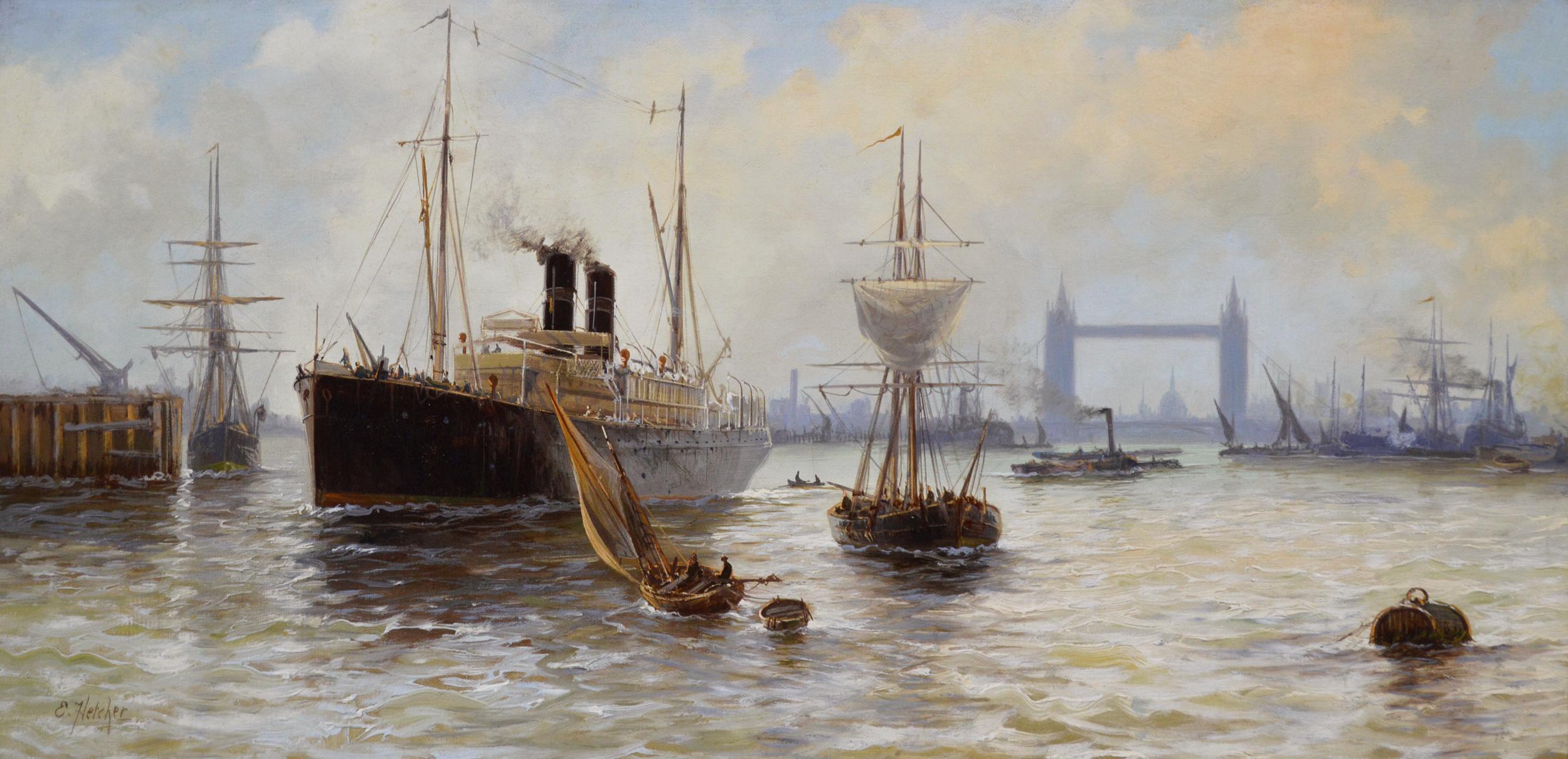 Riverscape oil painting of shipping on the Thames near Tower Bridge & St Paul’s  - Painting by Edward Henry Eugene Fletcher