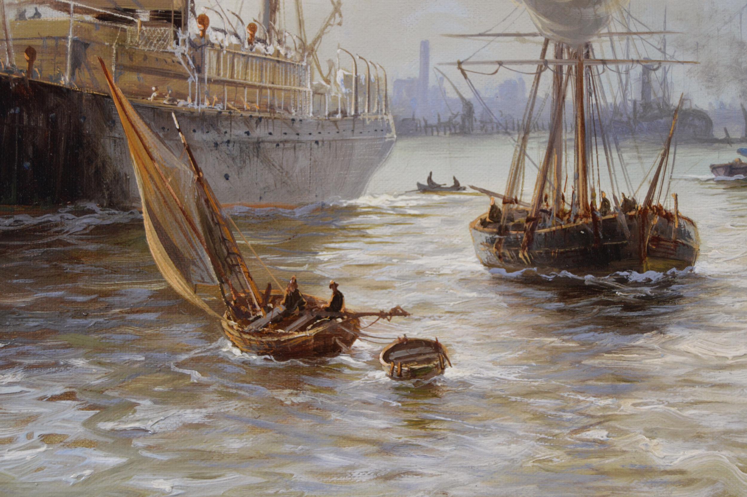 Riverscape oil painting of shipping on the Thames near Tower Bridge & St Paul’s  - Victorian Painting by Edward Henry Eugene Fletcher