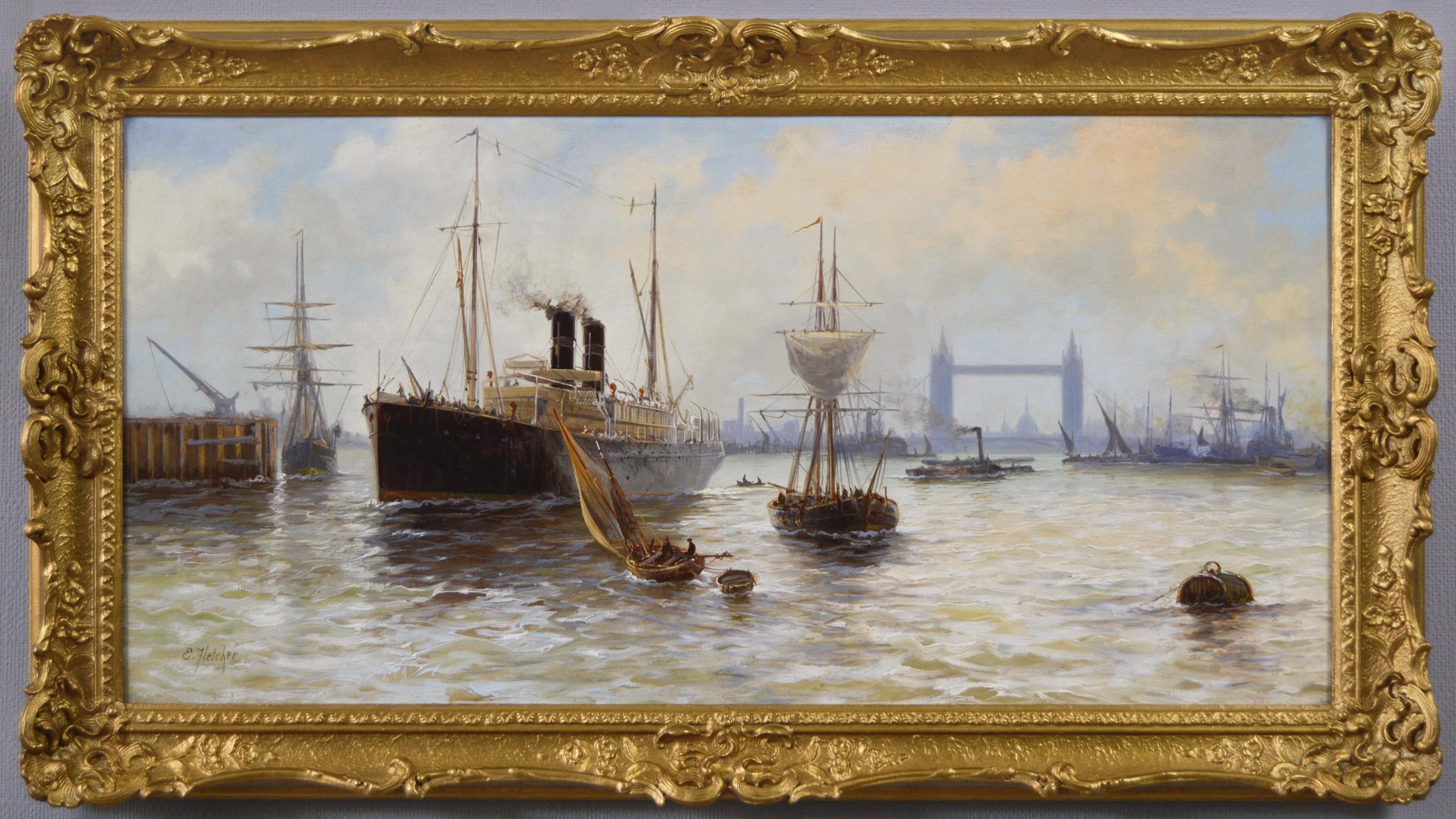 Edward Henry Eugene Fletcher Landscape Painting - Riverscape oil painting of shipping on the Thames near Tower Bridge & St Paul’s 