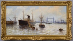 Riverscape oil painting of shipping on the Thames near Tower Bridge & St Paul’s 