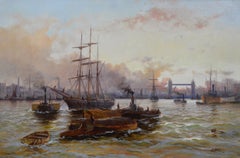 Riverscape oil painting of shipping on the Thames with Tower Bridge