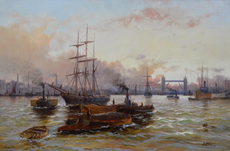 Riverscape oil painting of shipping on the Thames with Tower Bridge - Painting by Edward Henry Eugene Fletcher