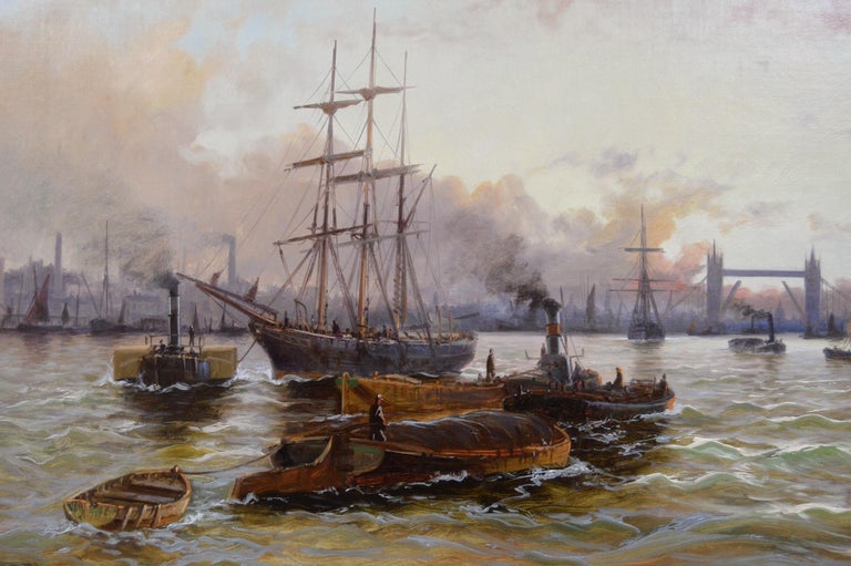 Riverscape oil painting of shipping on the Thames with Tower Bridge - Victorian Painting by Edward Henry Eugene Fletcher