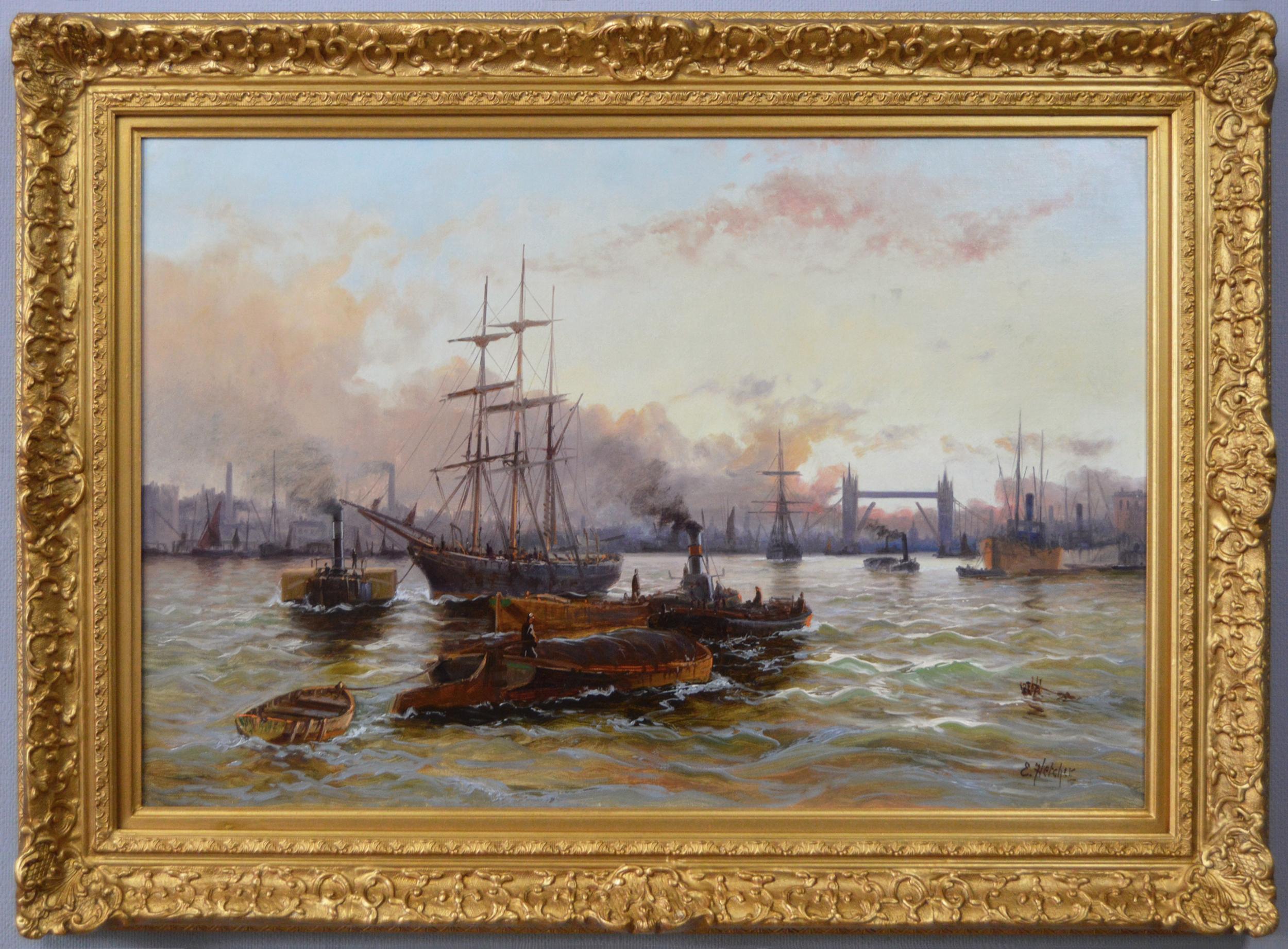 Riverscape oil painting of shipping on the Thames with Tower Bridge