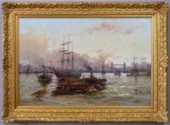 Antique Riverscape oil painting of shipping on the Thames with Tower Bridge