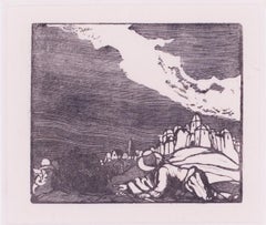 British Art Deco woodcut print of a figure creeping up on a foe