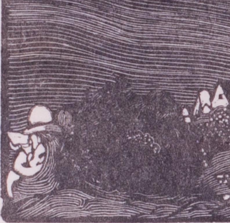 Britischer Holzschnitt im Art-déco-Stil mit einer Figur, die auf einem Schaufel (Grau), Figurative Print, von Edward Henry Gordon Craig