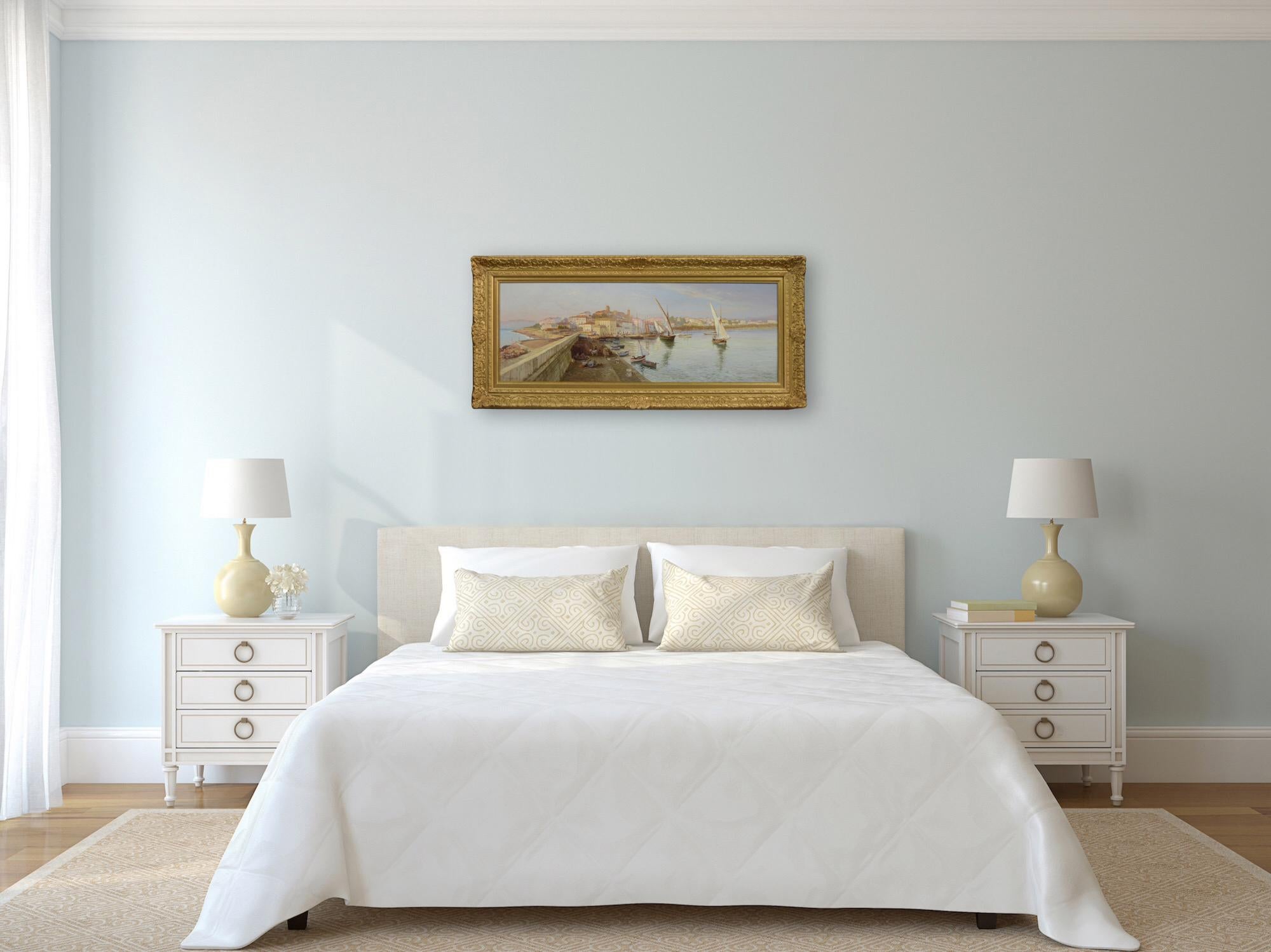 Pintura al óleo de Cannes, Francia, paisaje urbano costero del siglo XIX en venta 5