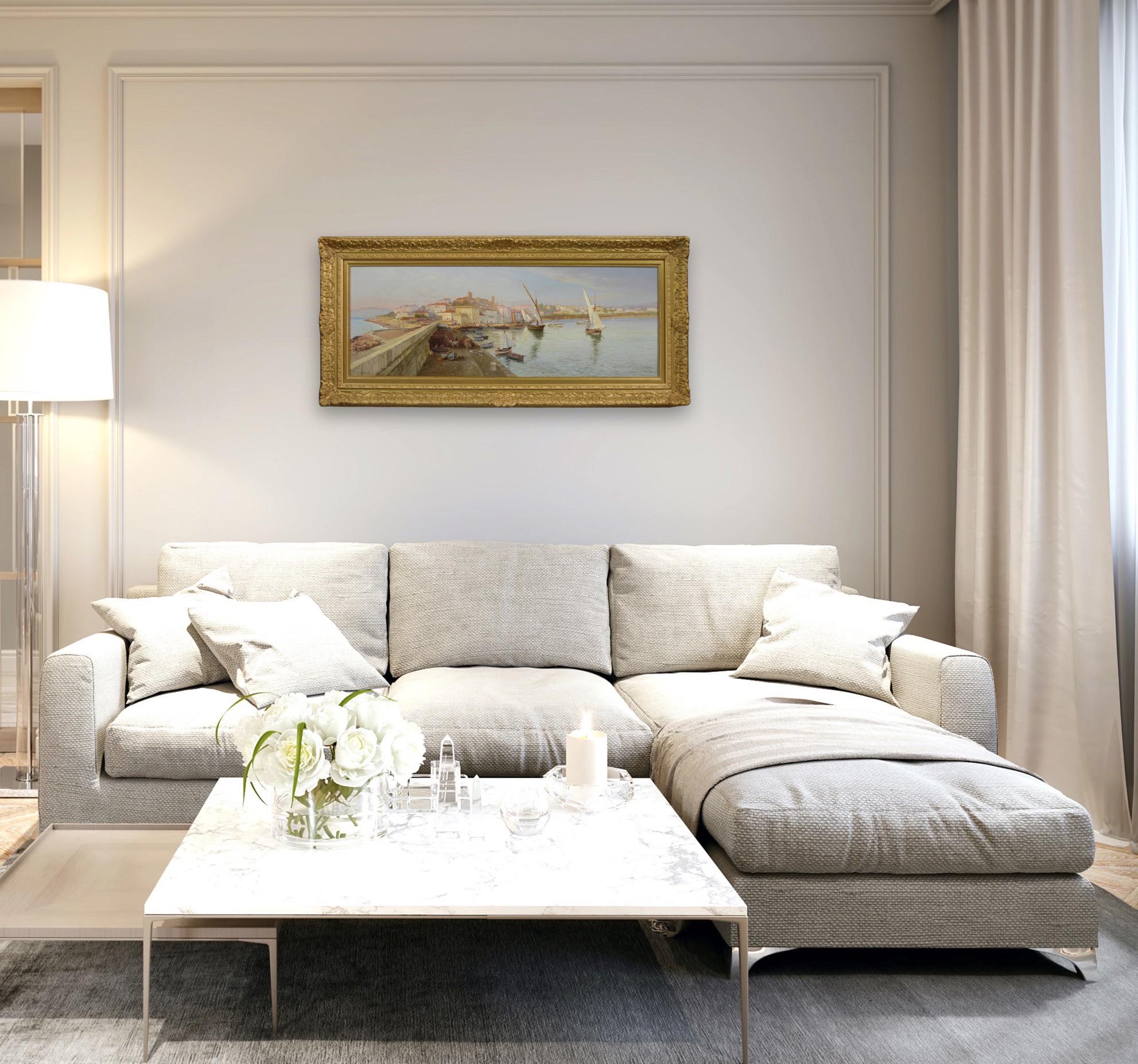 Pintura al óleo de Cannes, Francia, paisaje urbano costero del siglo XIX en venta 6