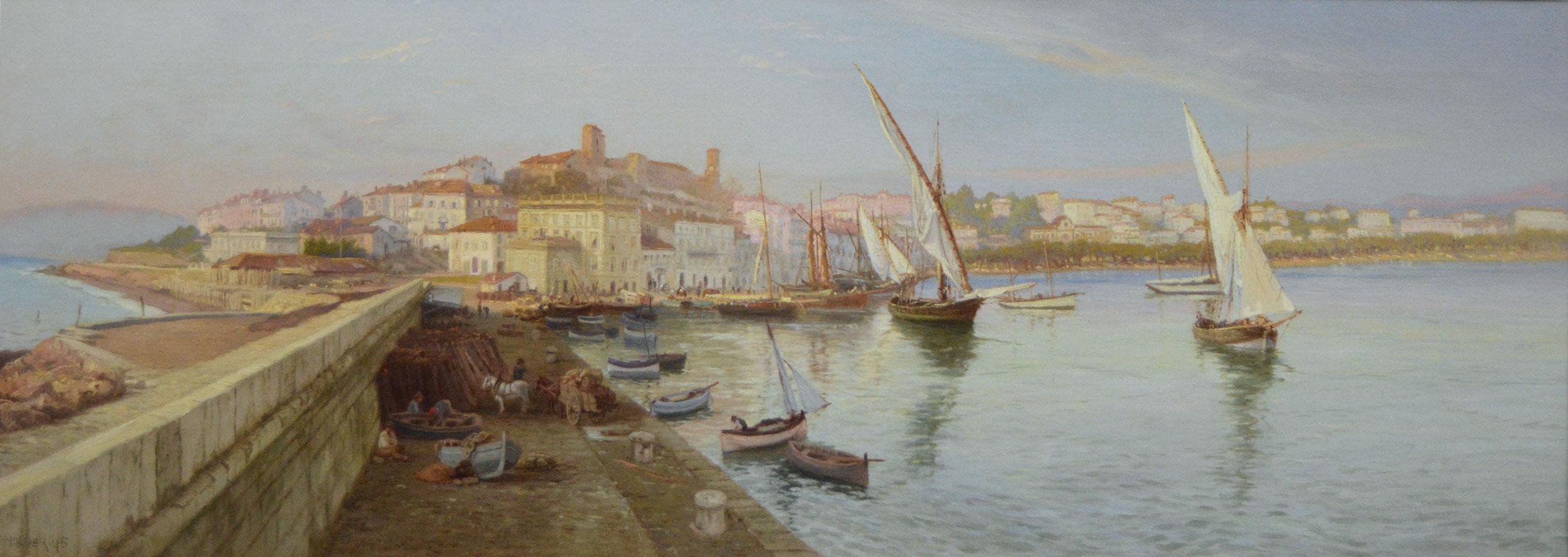 Pintura al óleo de Cannes, Francia, paisaje urbano costero del siglo XIX - Painting de Edward Henry Holder