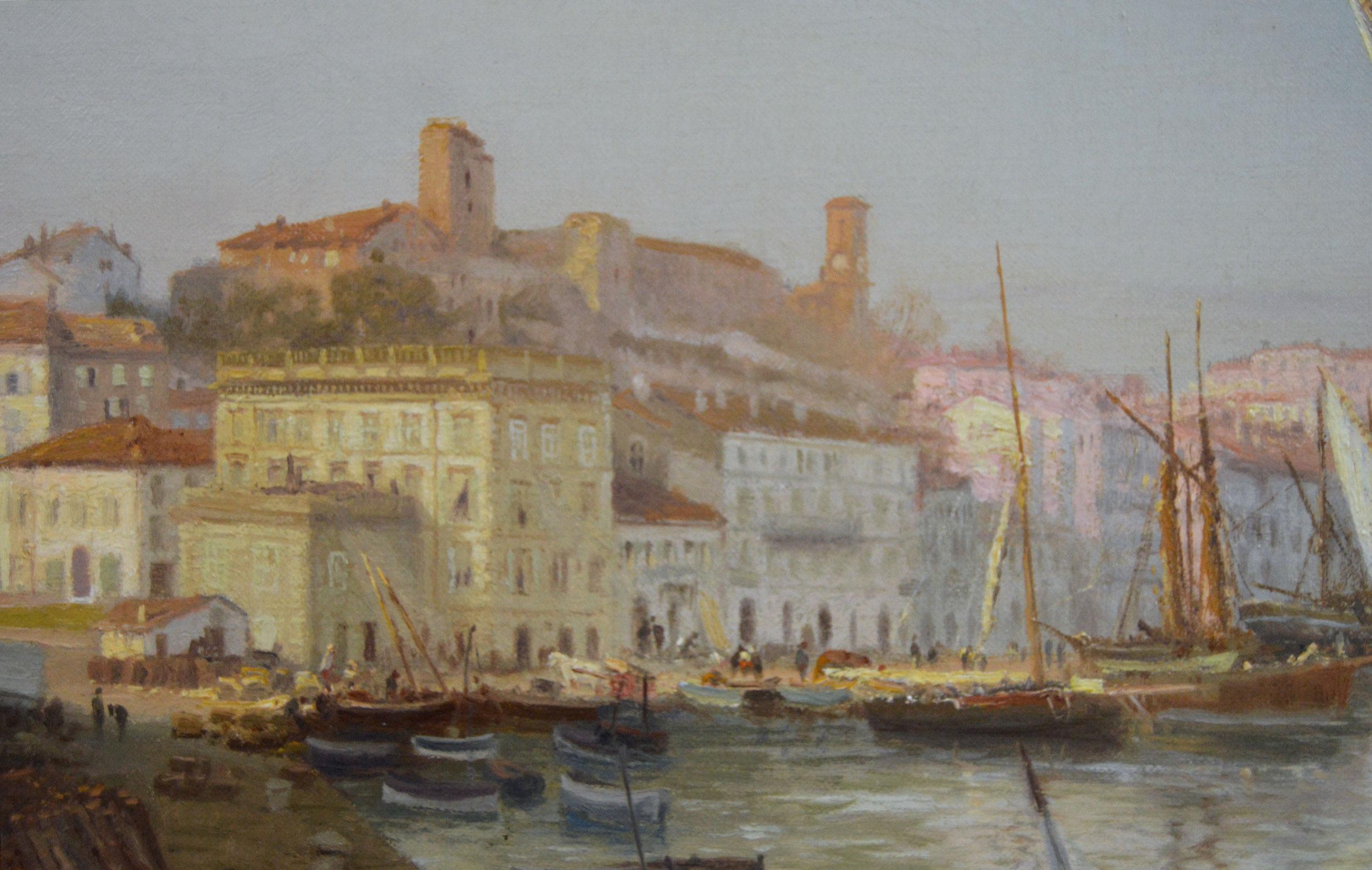 Edward Henry Holder 
Británica, (1847-1922)
El puerto de Cannes
Óleo sobre lienzo, firmado y fechado (18)95
Tamaño de la imagen: 14 pulgadas x 39,75 pulgadas
Tamaño incluyendo el marco: 21,5 pulgadas x 47,25 pulgadas

Una fabulosa vista panorámica