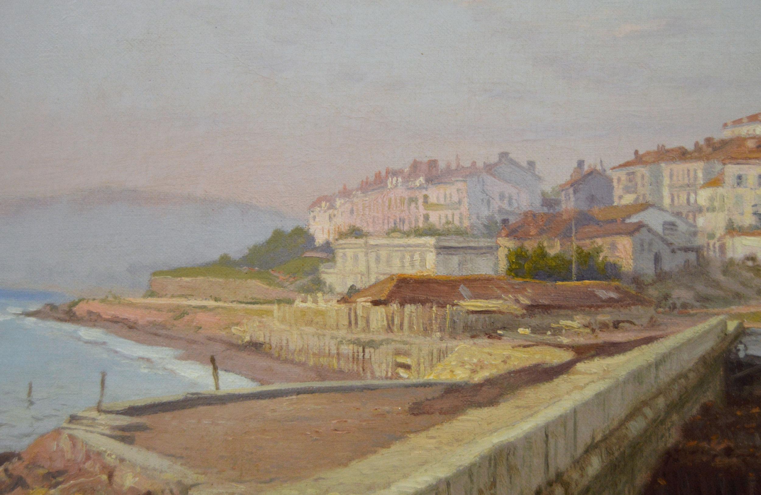 Pintura al óleo de Cannes, Francia, paisaje urbano costero del siglo XIX en venta 1