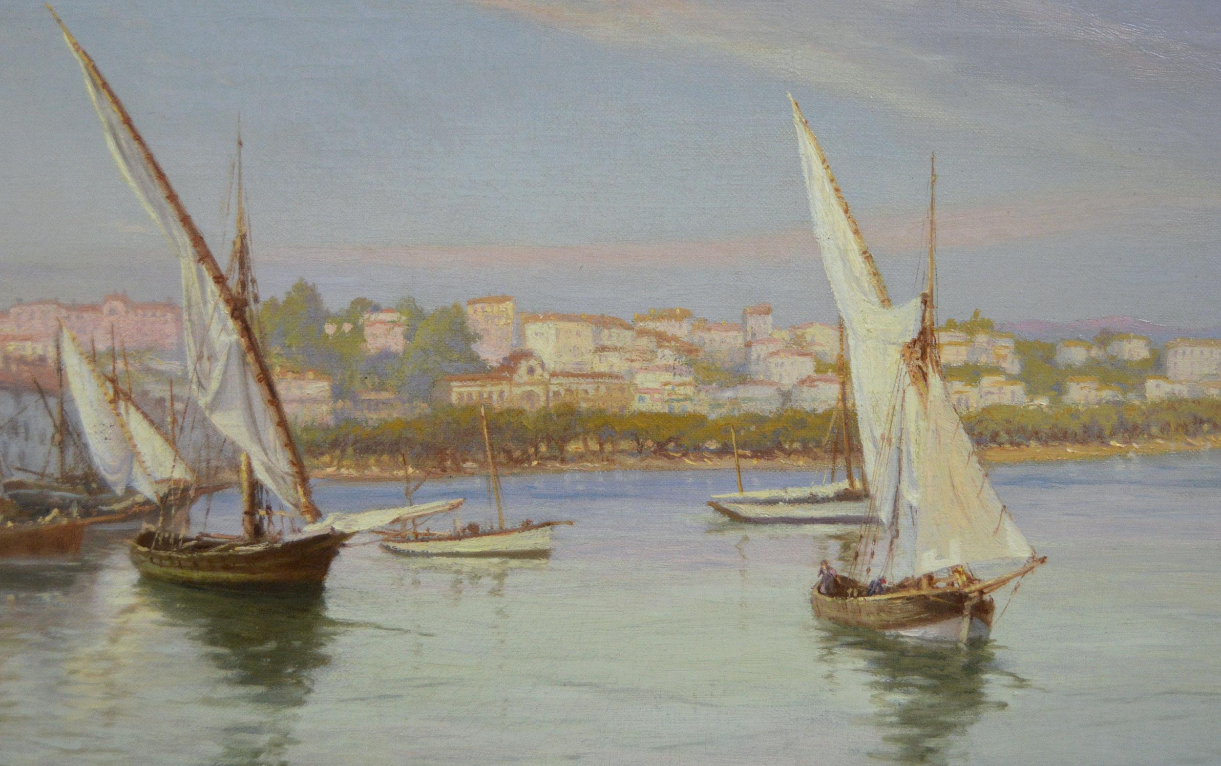 Pintura al óleo de Cannes, Francia, paisaje urbano costero del siglo XIX en venta 2