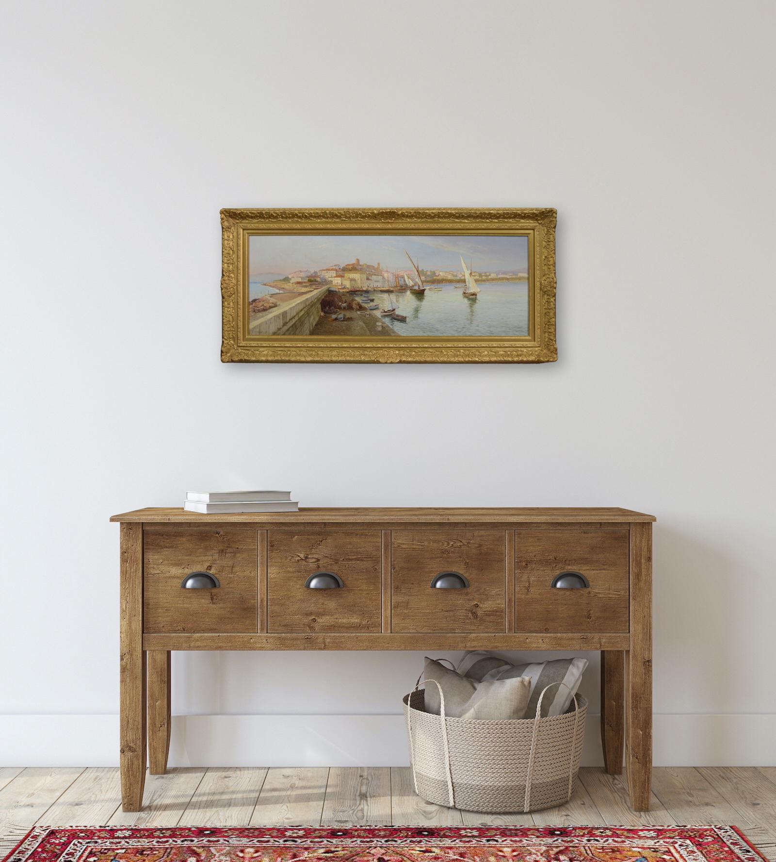 Pintura al óleo de Cannes, Francia, paisaje urbano costero del siglo XIX en venta 4
