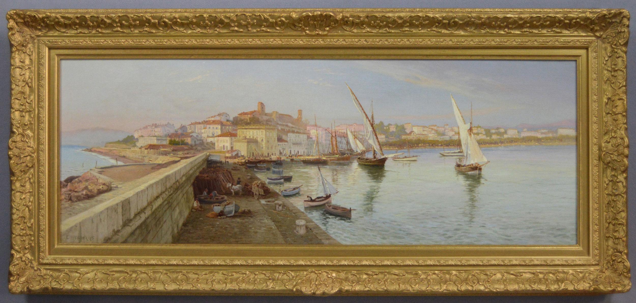 Dipinto a olio del XIX secolo raffigurante un paesaggio urbano costiero di Cannes, Francia