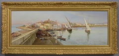Dipinto a olio del XIX secolo raffigurante un paesaggio urbano costiero di Cannes, Francia
