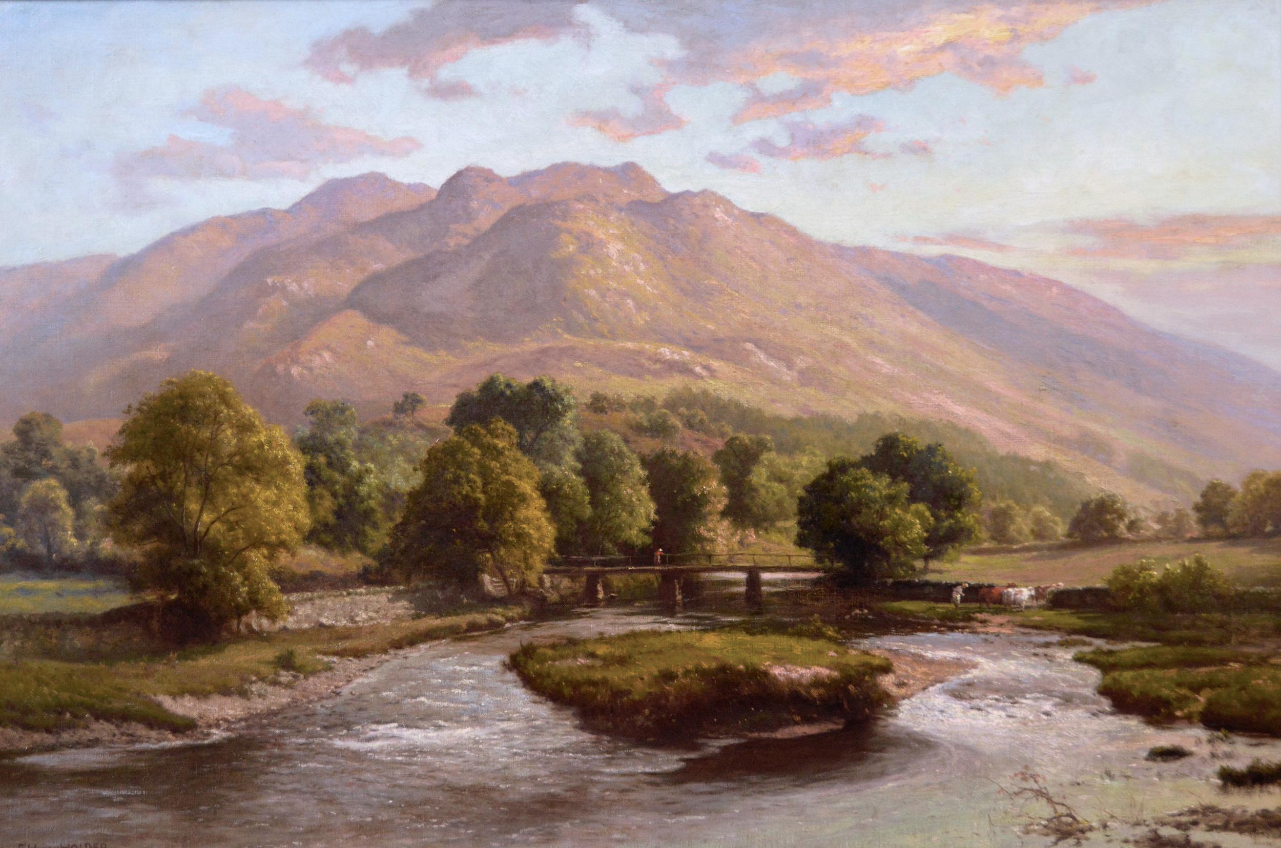 19th Century landscape oil painting of a river isle & bridge - Painting by Edward Henry Holder