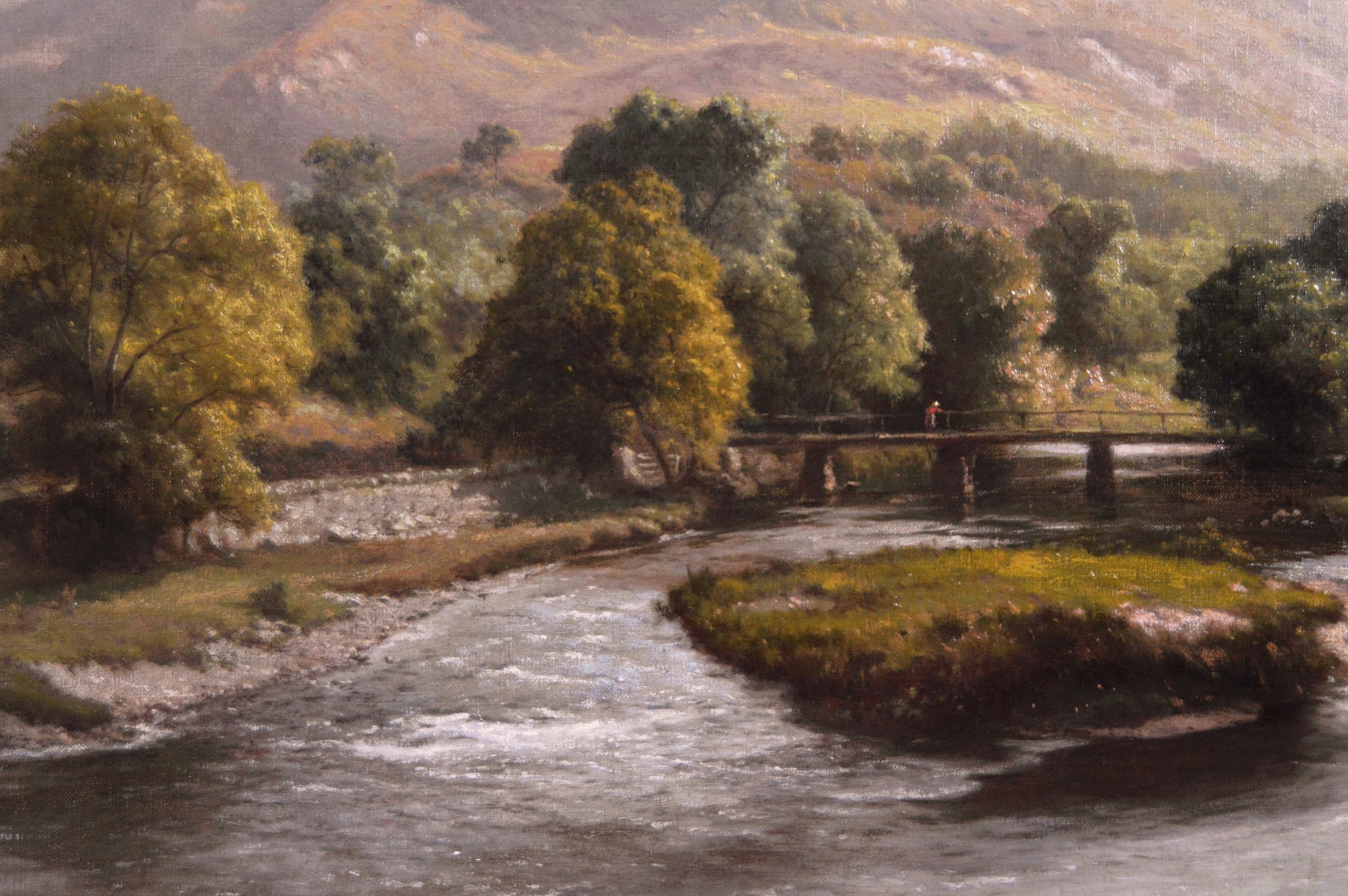 19th Century landscape oil painting of a river isle & bridge - Victorian Painting by Edward Henry Holder