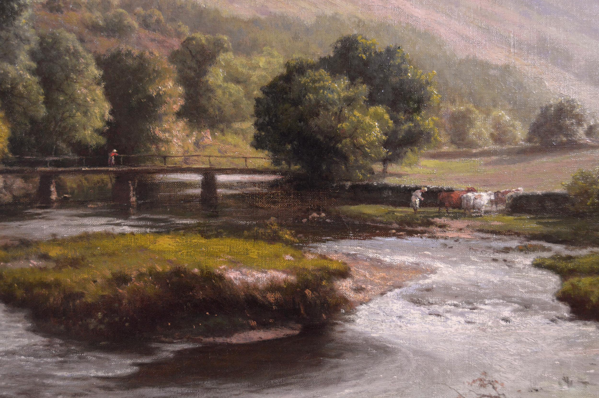 19th Century landscape oil painting of a river isle & bridge - Brown Landscape Painting by Edward Henry Holder