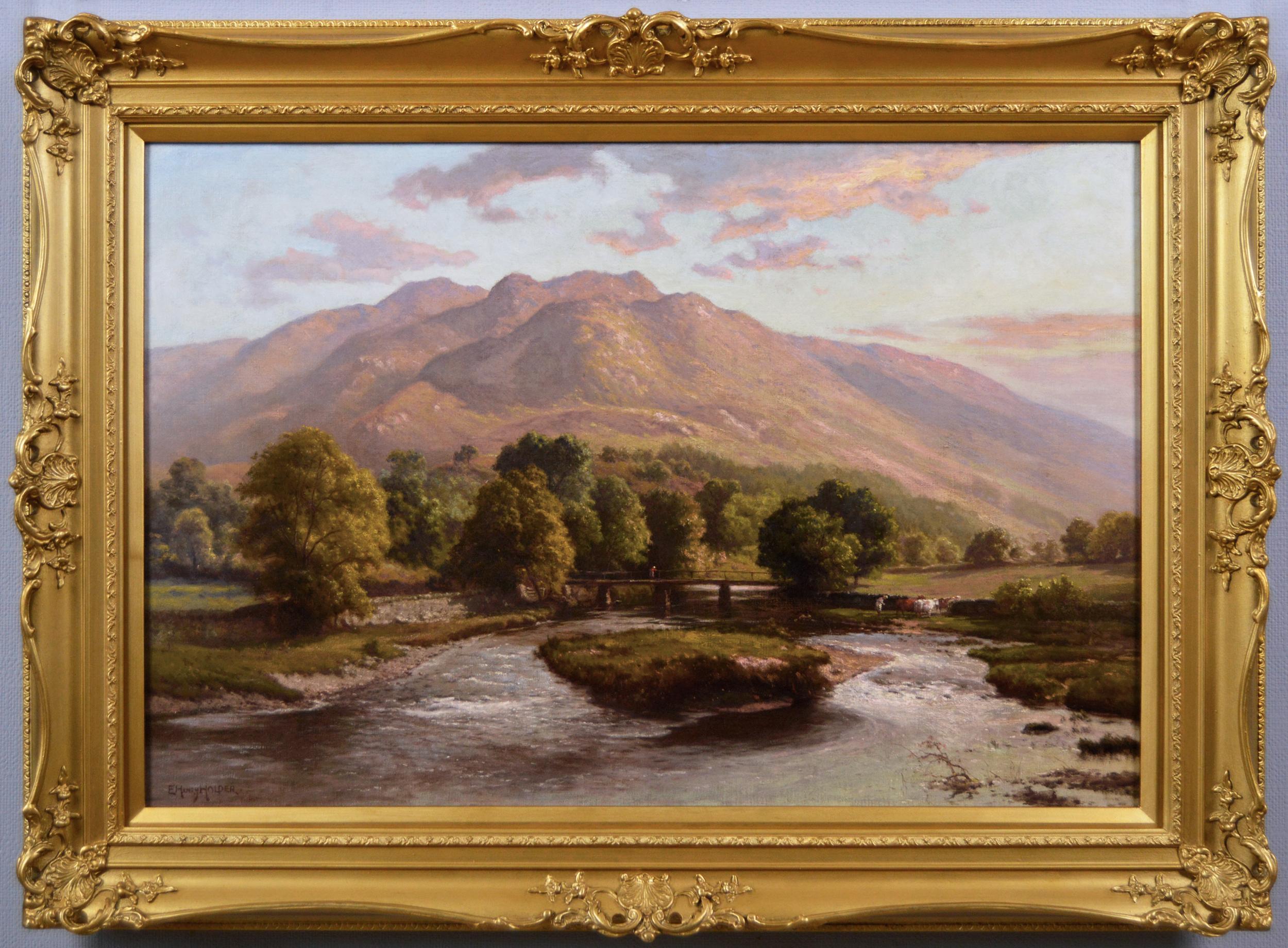 Edward Henry Holder Landscape Painting - 19th Century landscape oil painting of a river isle & bridge
