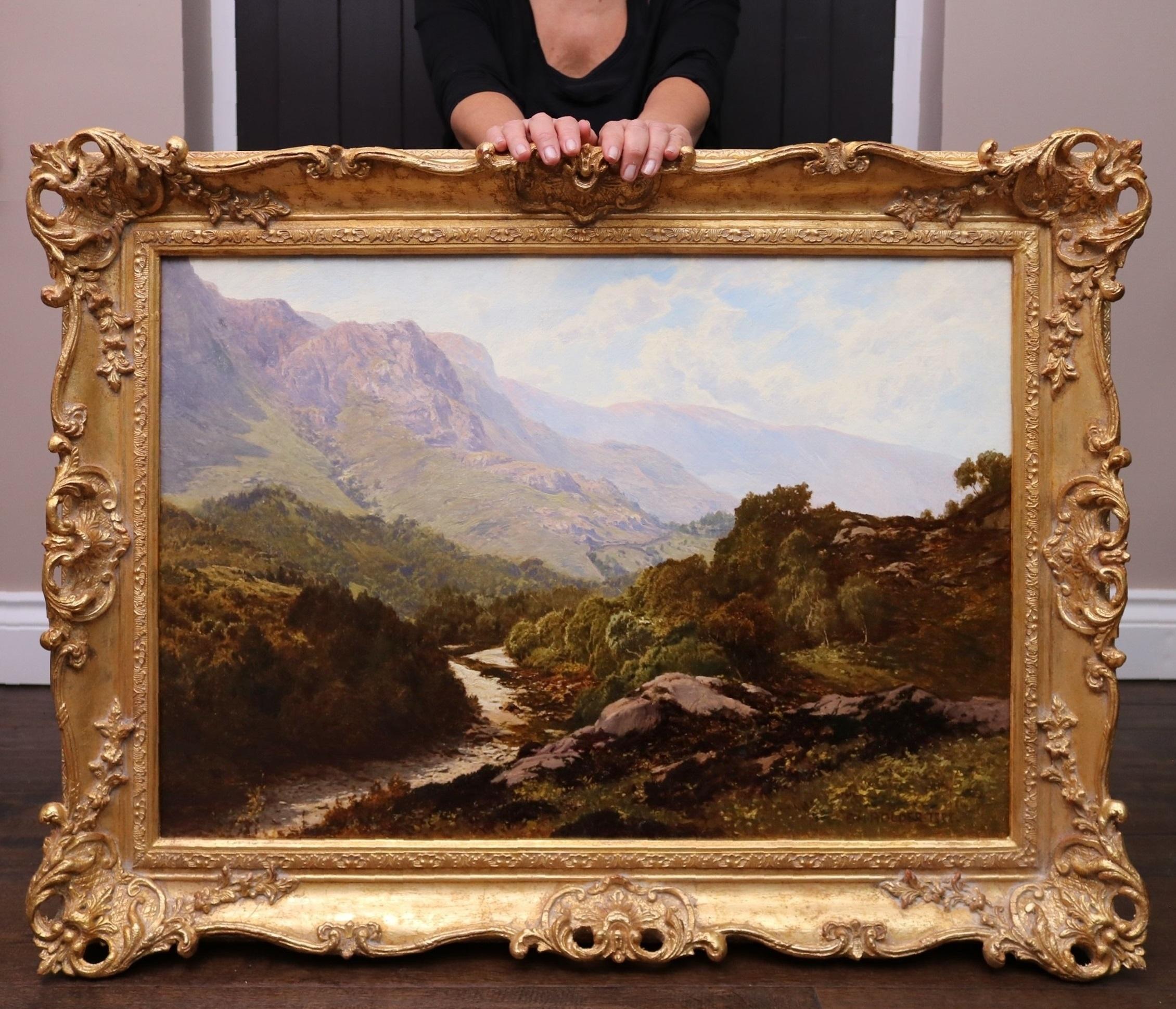 ‘The Pass of Aberglaslyn, Beddgelert, North Wales’ by Edward Henry Holder (1847-1922). The painting is signed by the artist and dated 1888. Exhibited at the Royal Society of British Artists in London. Presented in a fine quality, bespoke gold metal