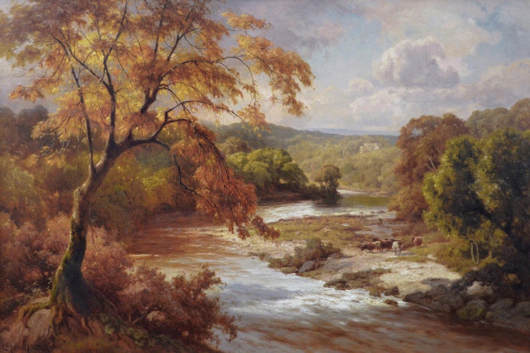 19th Century Yorkshire river landscape oil painting of Barden Tower - Painting by Edward Henry Holder
