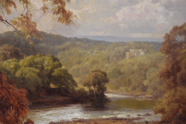 19th Century Yorkshire river landscape oil painting of Barden Tower - Brown Landscape Painting by Edward Henry Holder