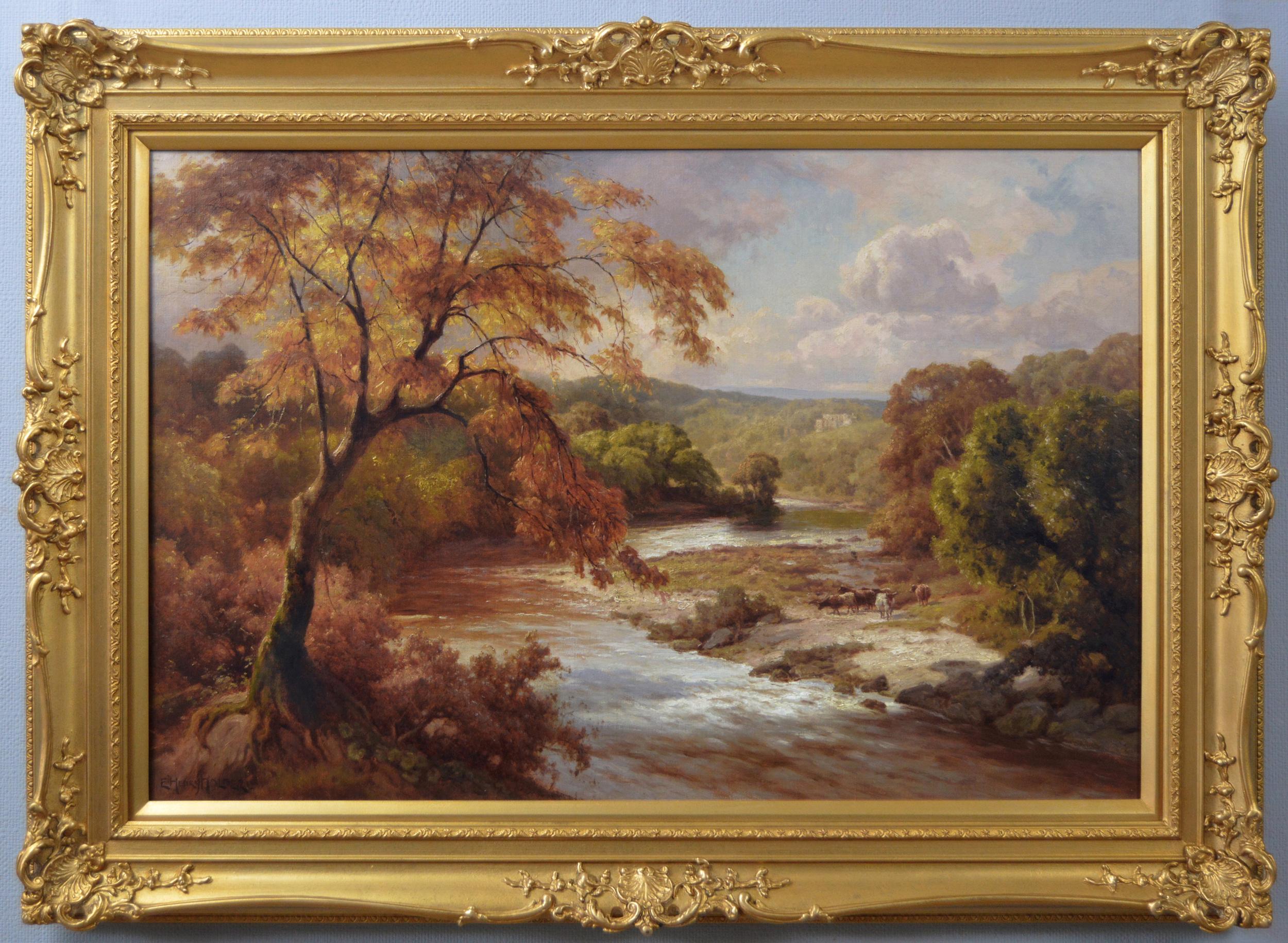 19th Century Yorkshire river landscape oil painting of Barden Tower