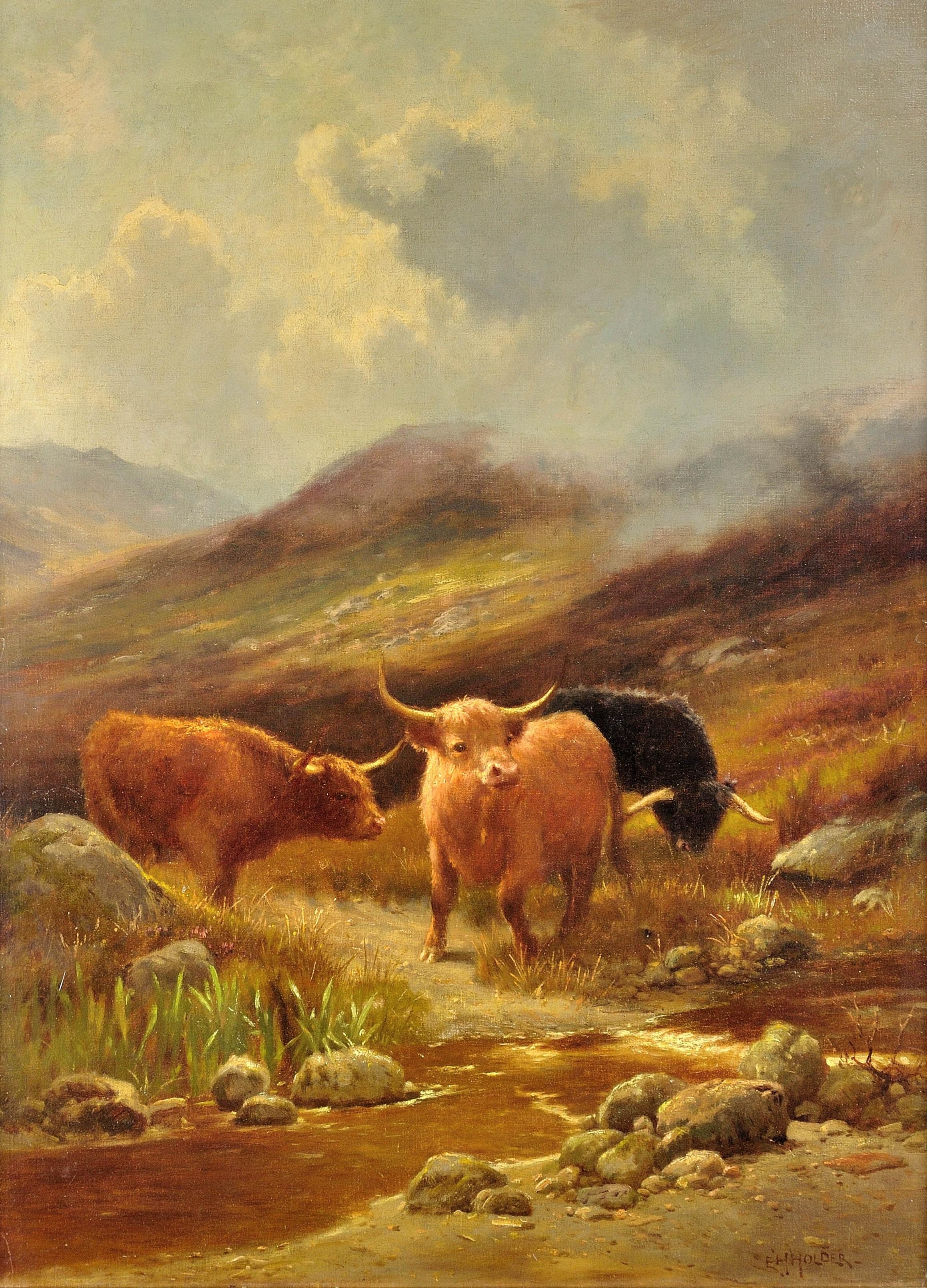 Highland Cattle in the Scottish Lowlands. Scotland. Cows. Victorian. Moorlands. - Painting by Edward Henry Holder
