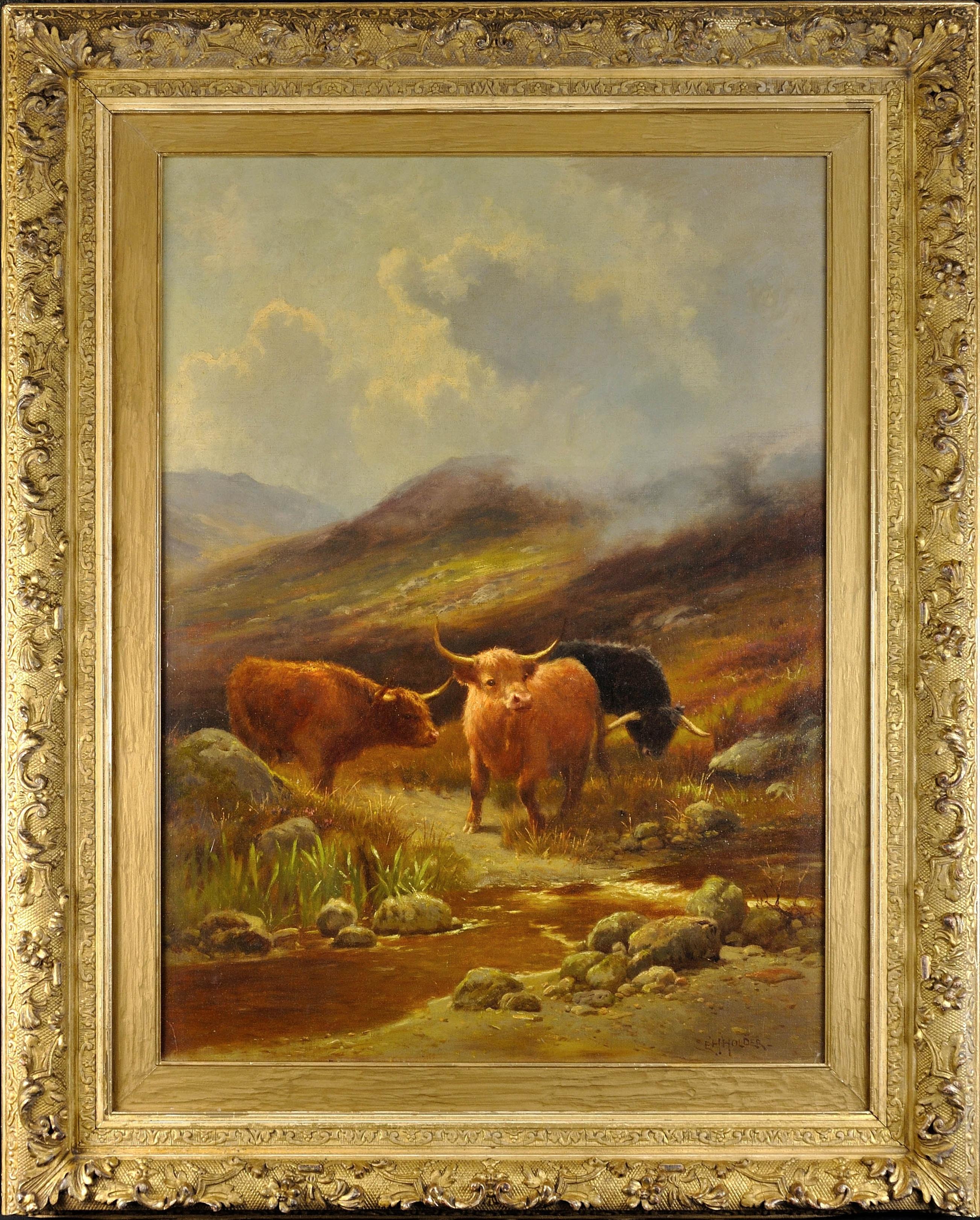 Edward Henry Holder Animal Painting - Highland Cattle in the Scottish Lowlands. Scotland. Cows. Victorian. Moorlands.