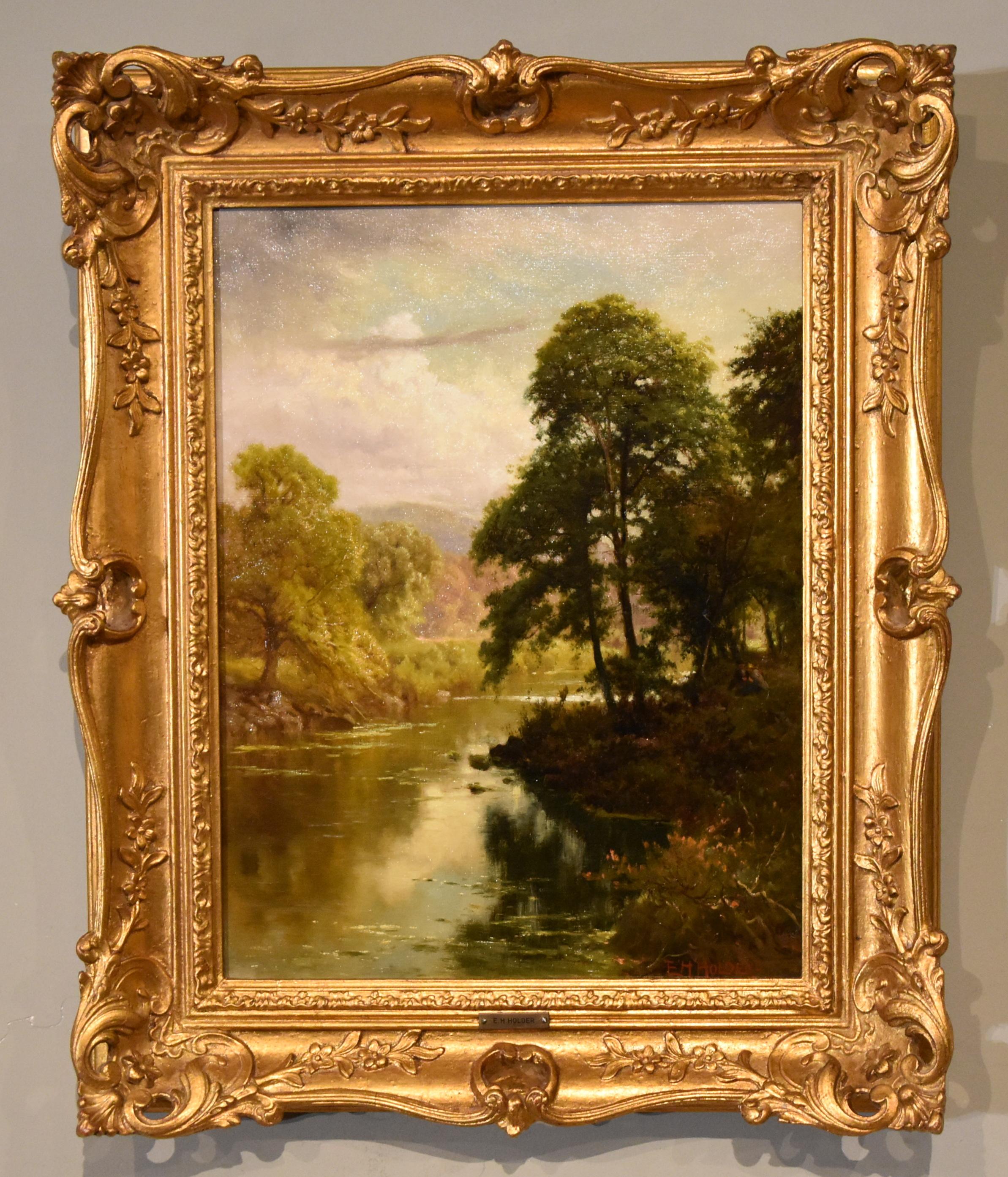 Oil Painting by Edward Henry Holder  "The Picnic by the River" 1847 - 1922 Scarborough born Painter of atmospheric rural landscapes. Exhibited widely including at the Royal Academy. Represented in many important collections including V &A. Oil on