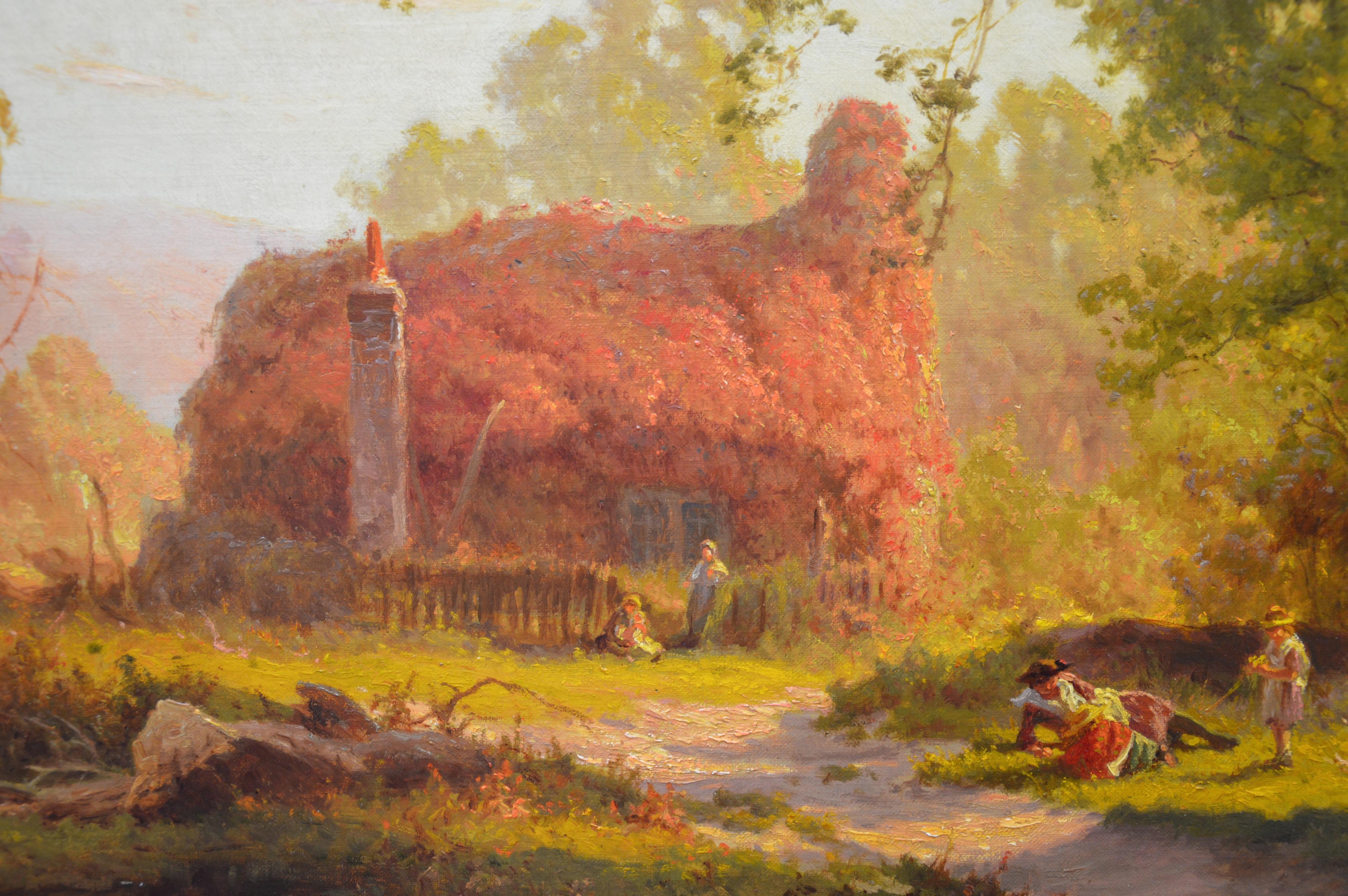 A fine 19th century oil on canvas depicting a mother and two young children playing before a woodland cottage covered in ‘Virginia Creeper’ by the distinguished English landscape painter Edward Henry Holder (1847-1922). The painting is signed by the
