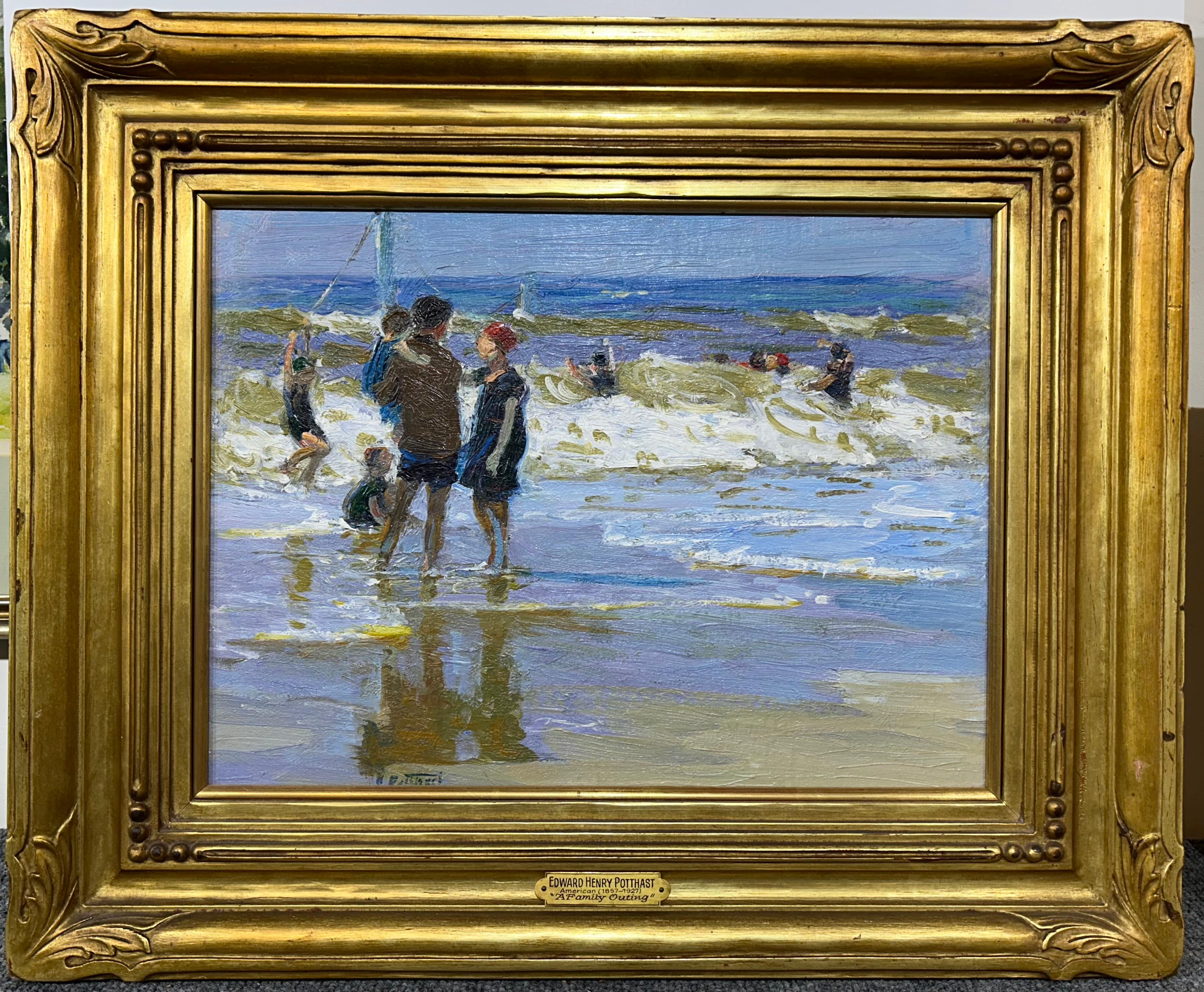 A Family Outing, Figurative Beach Scene and Seascape by American Impressionist - Painting by Edward Henry Potthast