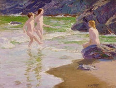 Baigneurs sur la plage - Huile figurative impressionniste américaine d'Edward Potthast