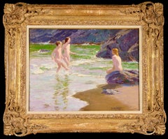 Baigneurs sur la plage - Huile figurative impressionniste américaine d'Edward Potthast