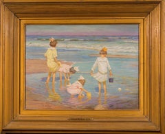 Wading, Impressionist Oil on Board Painting, Late 19th Century, Signed