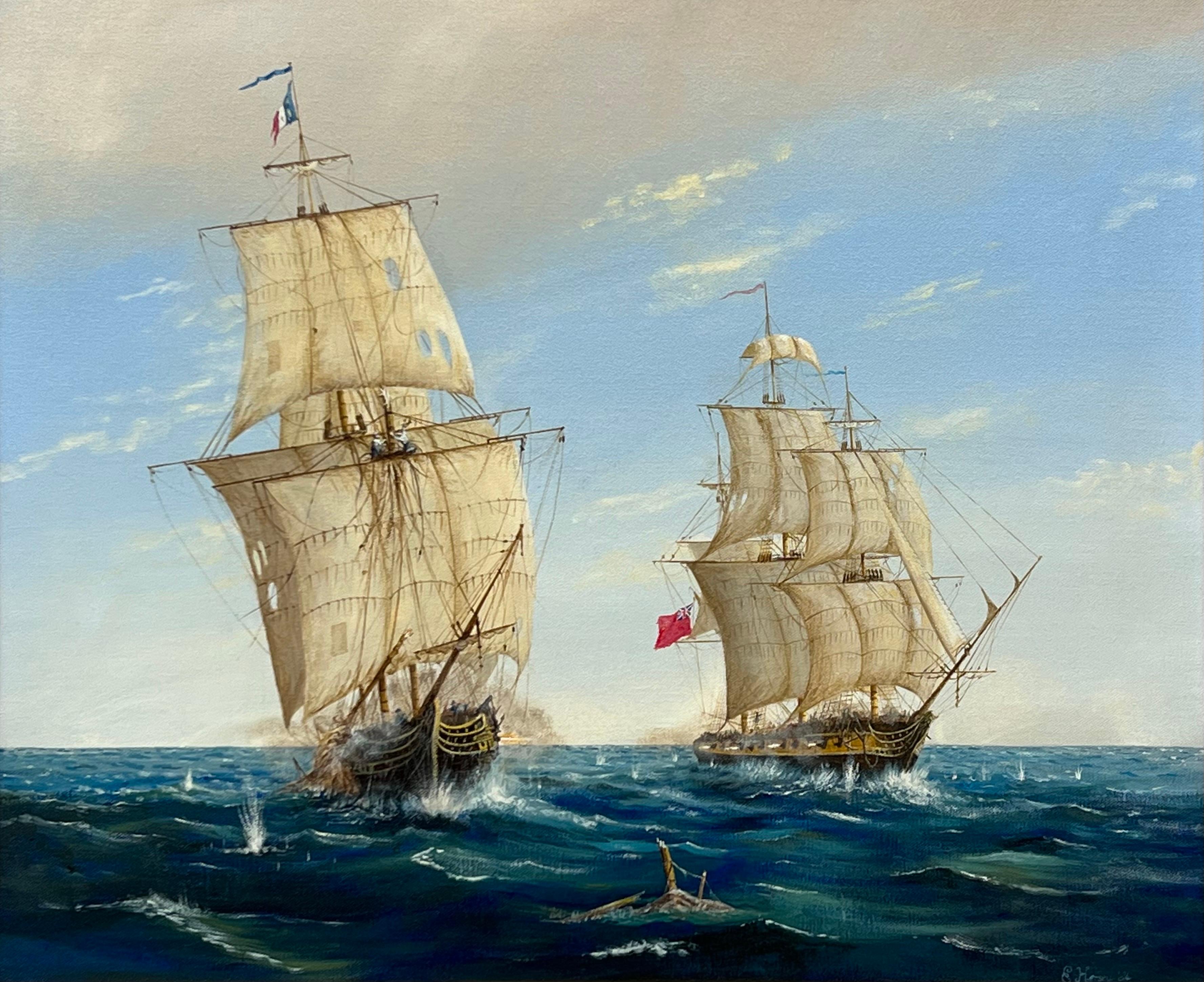 Nautical Maritime Seascape Painting of Naval Battle French & British War Ships 1